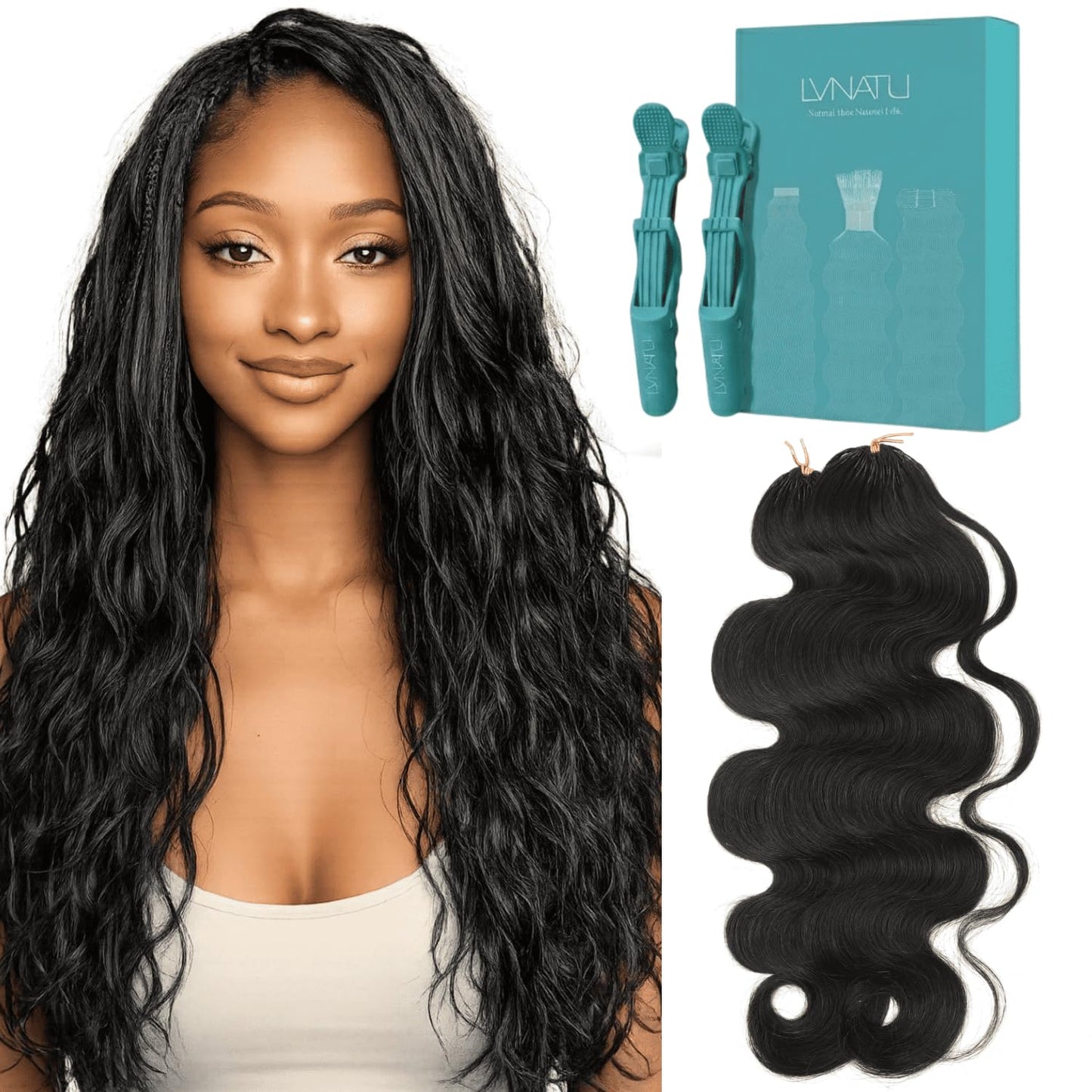 Lvnatu Feather Crochet Human Hair Body Wave for Miracle Knots Boho Braids Black Women Pre Looped Reusable 100% Remy Human Hair Lightweight Pre Separated Invisible Strings 100 Strands 120g 22 Inch