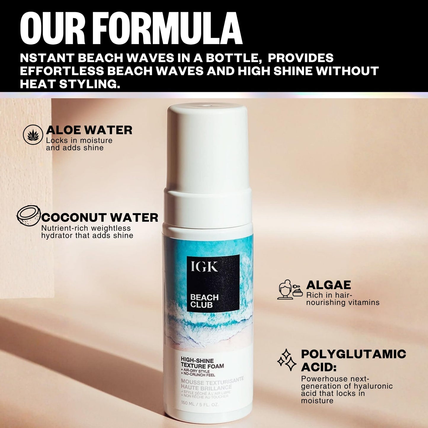 IGK Beach Club High-Shine Texture Foam – Salt-Free Hair Mousse for Beach Waves – Air-Dry Styling Foam for Wavy, Curly & Straight Hair – Anti-Frizz with UV Protection – Vegan, 5 Oz