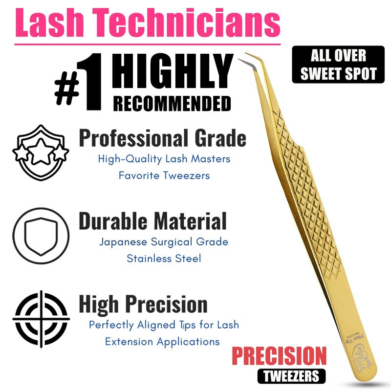Fiber Tip Lash Tweezer 45 Degree Tip – Non Slip Diamond Grip, Precision Stainless Steel Eyelash Extension Tool, Professional Volume & Classic Lash Applicator for Salon and Home Use (Gold)