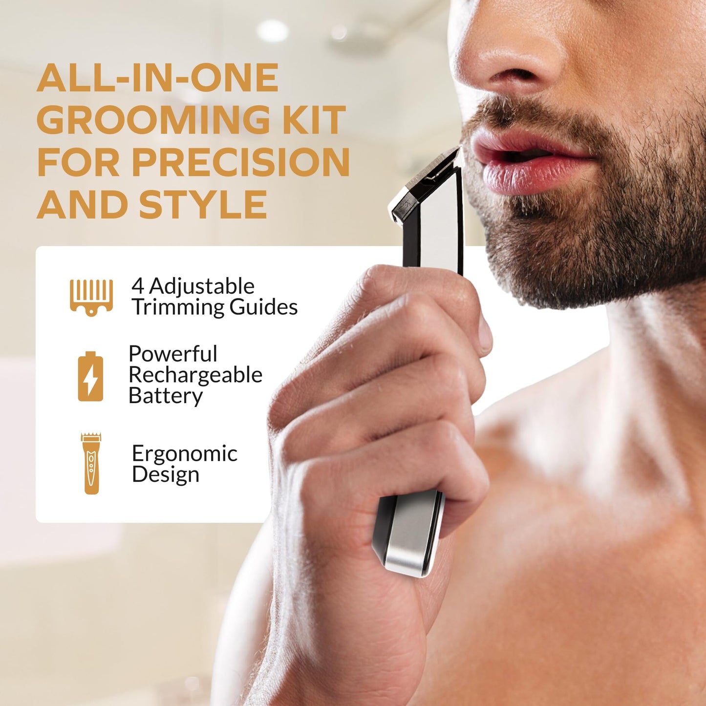 CHARGEWORX Beard & Hair Trimmer for Men, Rechargeable Cordless Grooming Kit with 4 Guide Combs (3–12mm), Stainless Steel Precision Blades, Mustache & Beard Trimmer with Charging Base