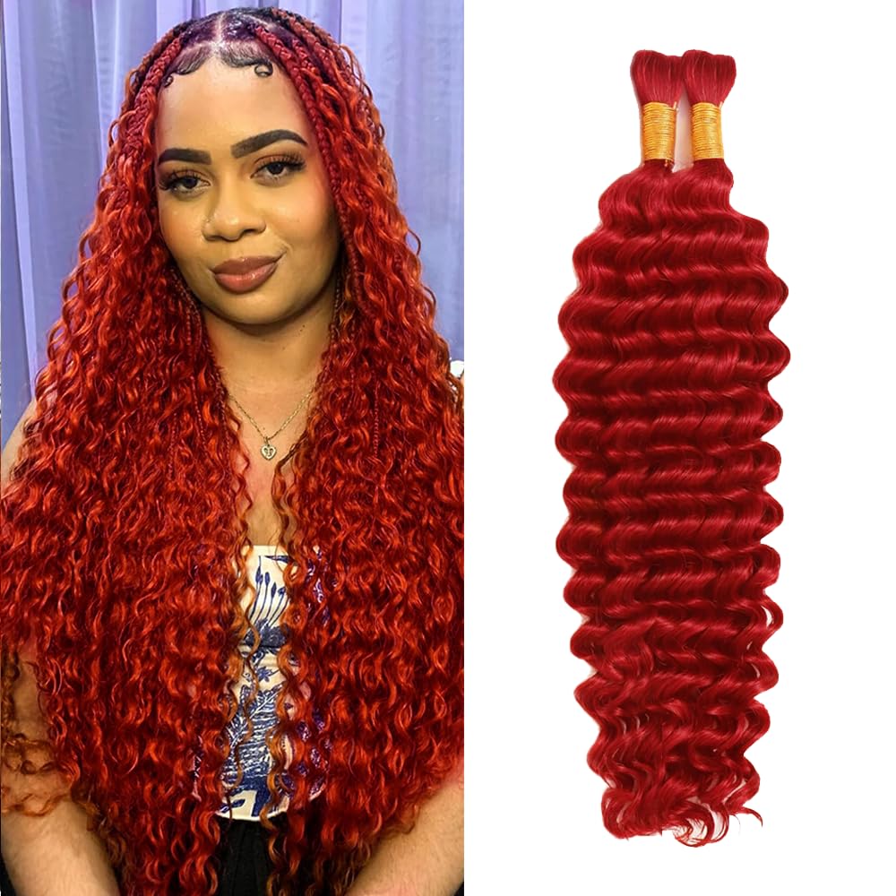 Red Boho Human Hair For Braiding Deep Wave Red Boho Human Hair Braiding Bulk No Weft Wet and Wavy Bulk Bohemian Deep Wave Braids 24 24 Inch