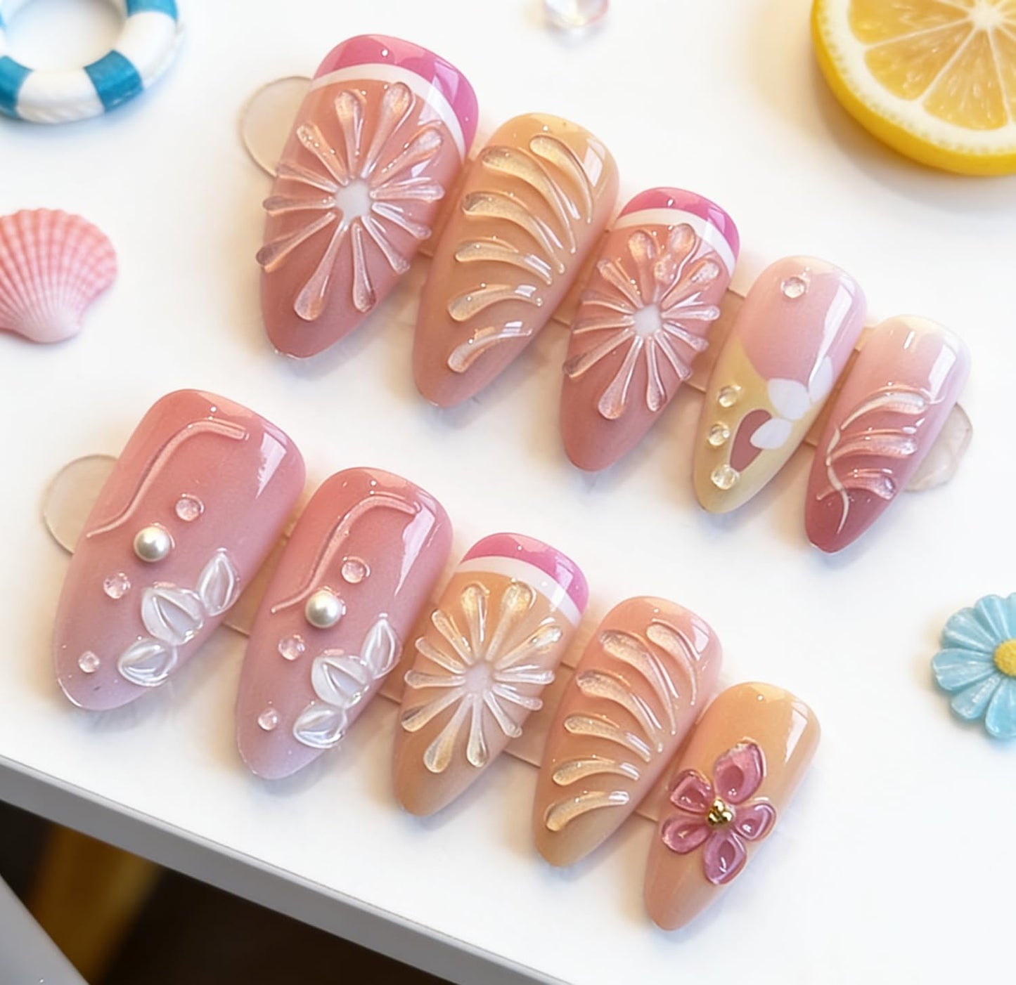 30Pcs Summer Beach Press-On Nails - Medium Almond Acrylic with Gold Seashell & Starfish 3D Designs | Full Cover for Women
