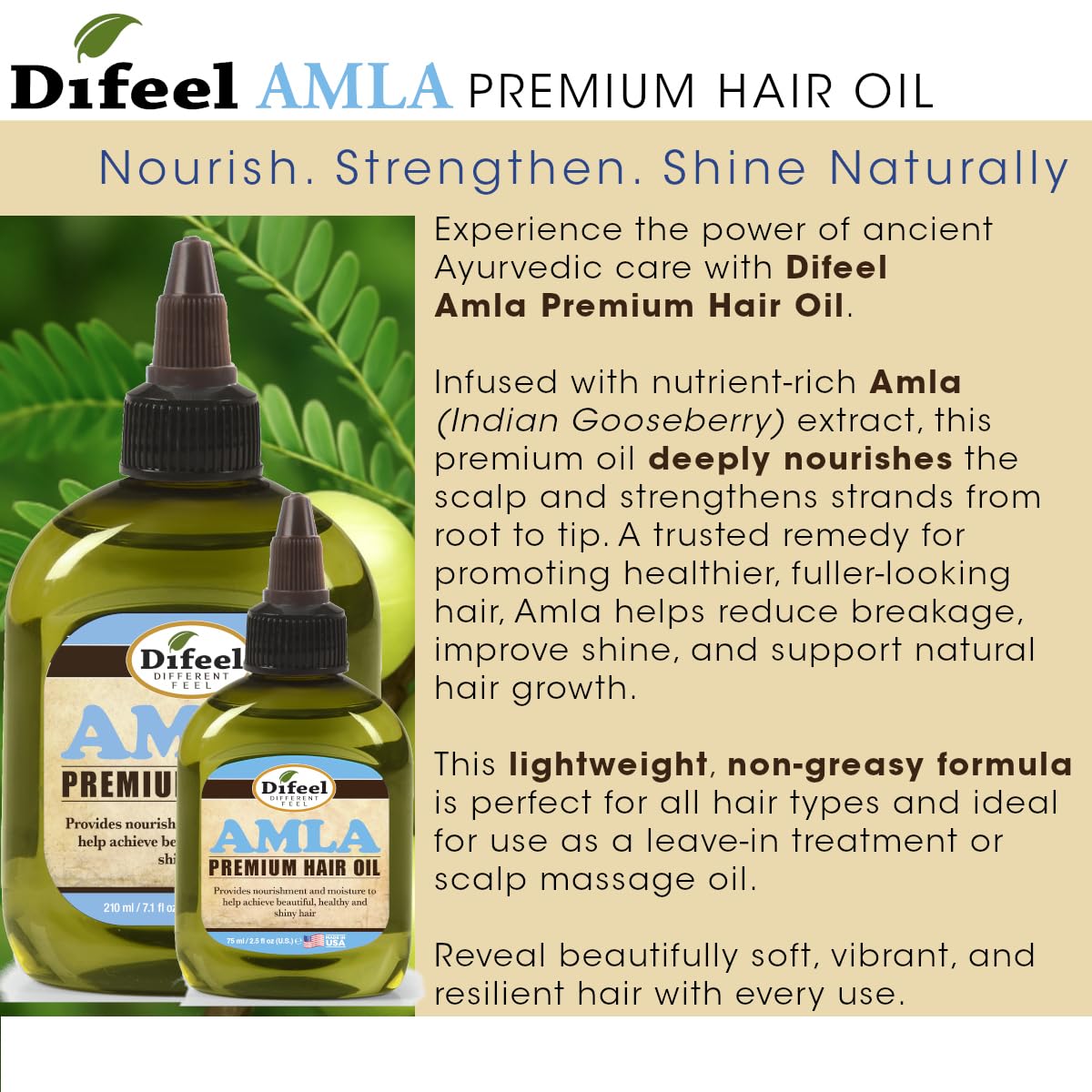Difeel Amla Premium Hair Oil - Travel Size 2.5 Ounces -Amla Oil for Hair Growth, Strengthens Hair, Reduces Breakage and Supports Natural Growth