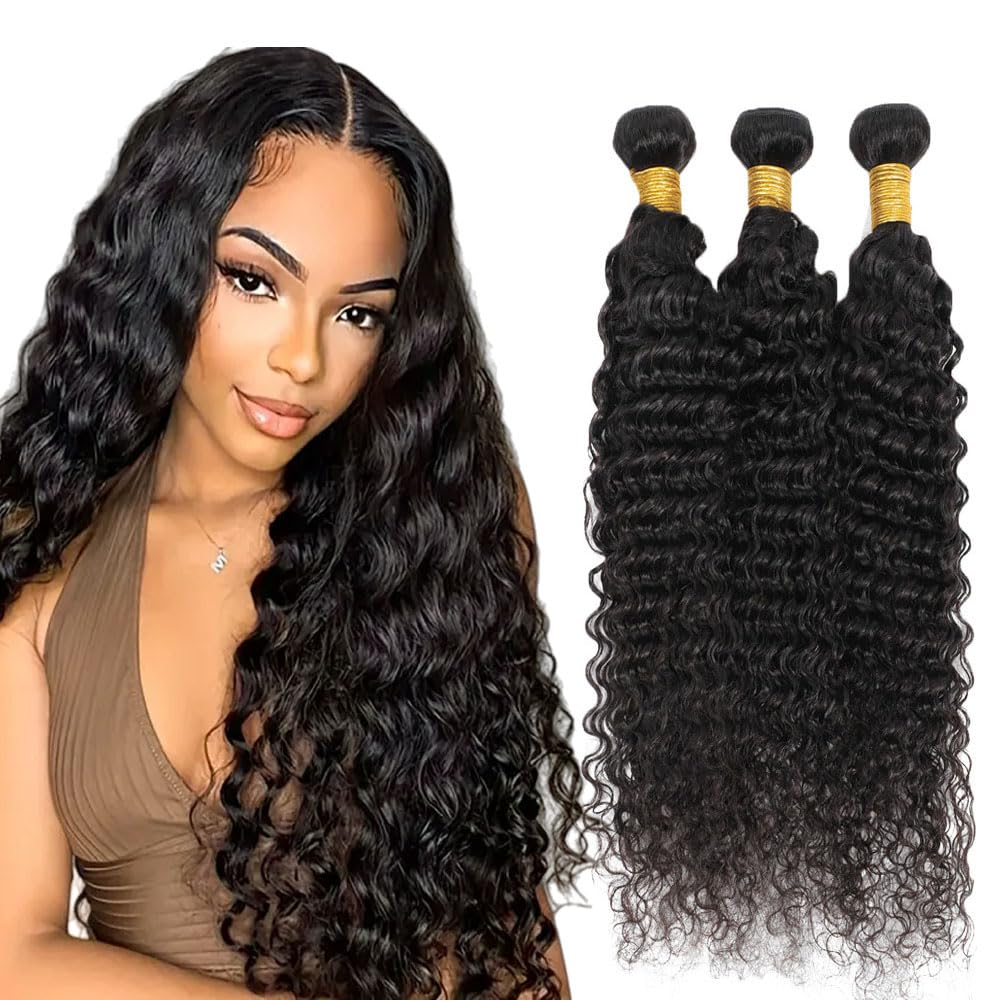 32 32 32 Inch Deep Wave Bundles Human Hair 3 Bundles 50 Grams Per Bundle 10A Grade Unprocessed Brazilian Virgin Hair #1B Natural Color Deep Wave Bundle Weaves Extensions for Black Women