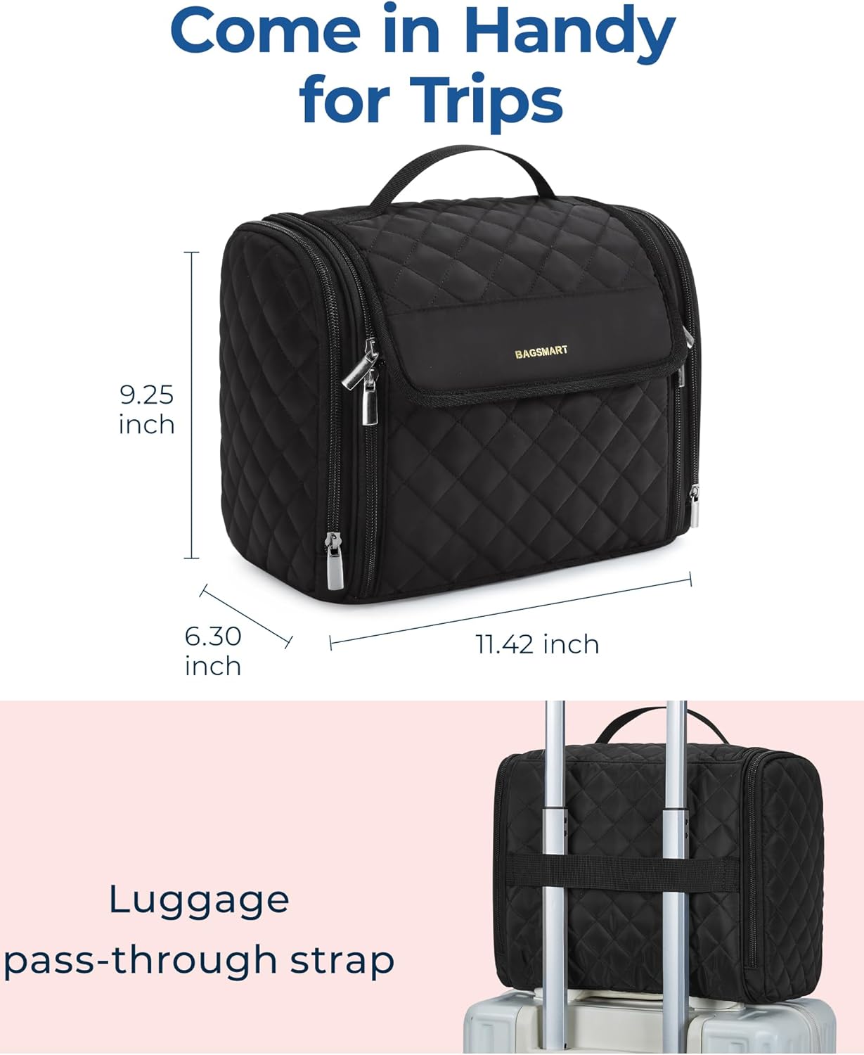 BAGSMART Hanging Travel Toiletry Bag - Large Water-Resistant Organizer for Cosmetics & Brushes | Black