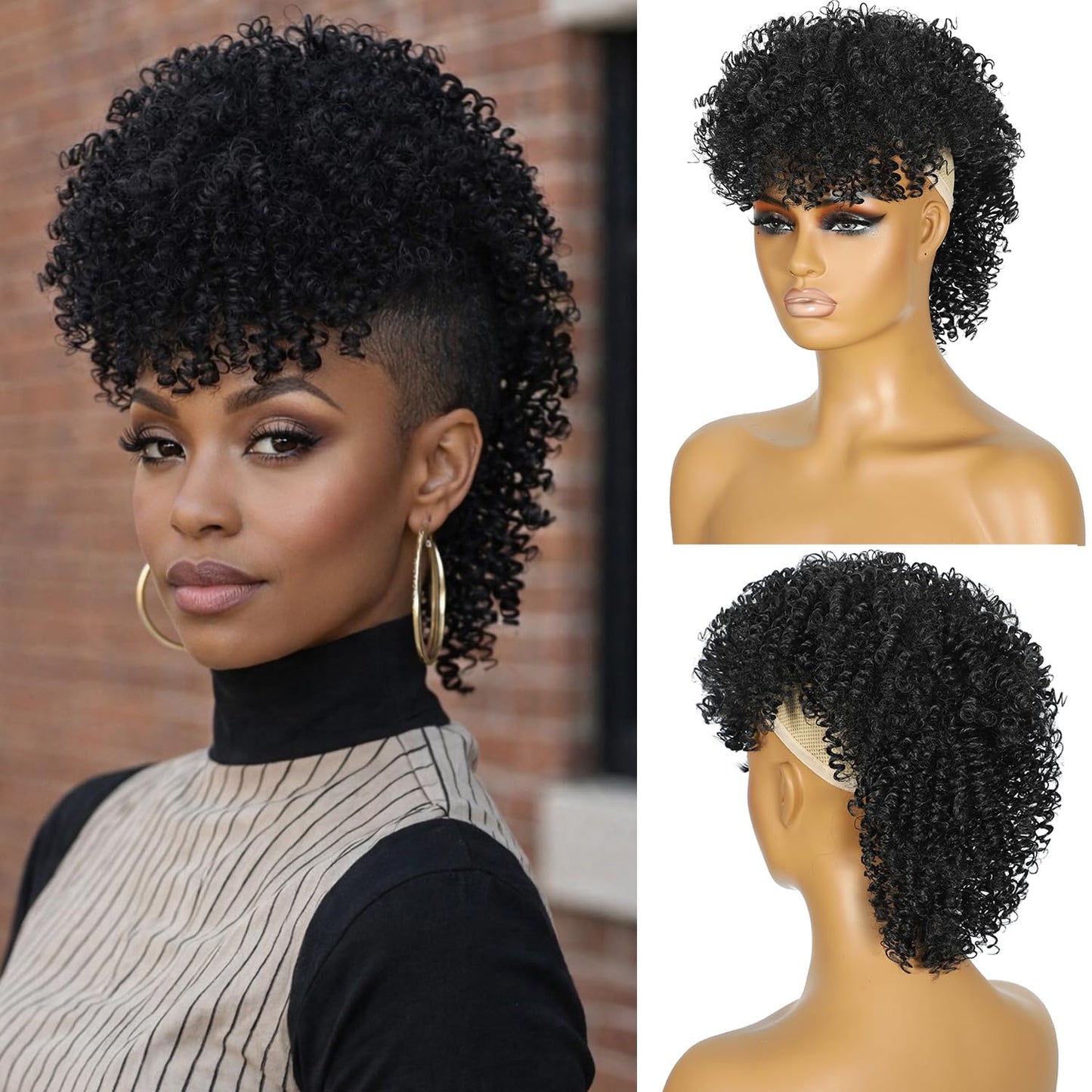 Afro Puff Drawstring Ponytail - Short Salt and Pepper Kinky Curly Extensions for Black Women | Fluffy Updo Hair Bun 1B/Grey