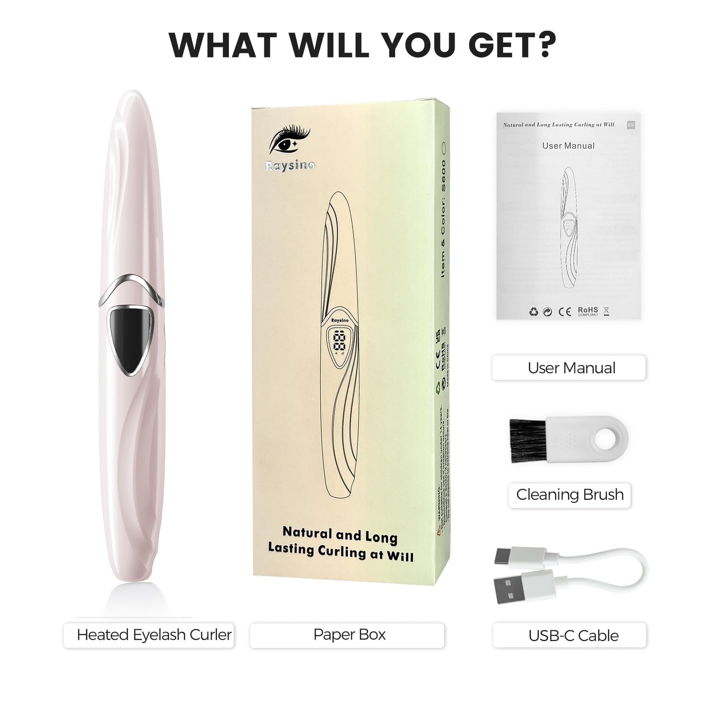 Raysino Heated Eyelash Curler, S600 Rechargeable Heated Lash Curler, Eyelash Curler Heated in 8s for Women 24 Hs Lasting Natural Makeup (Pink/Silver, 148MM)
