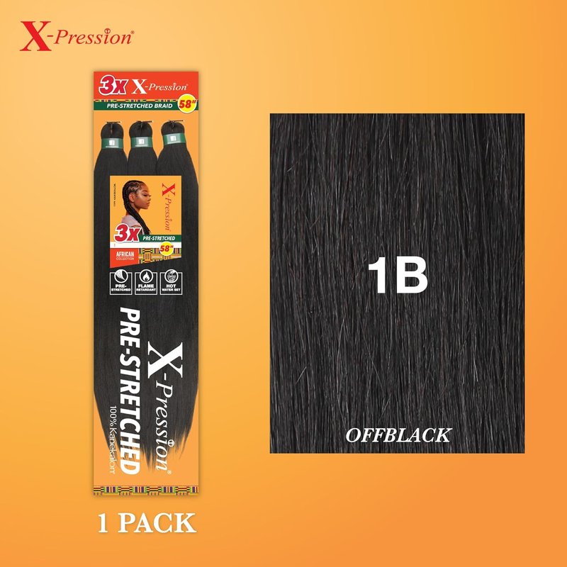 X-Pression Pre-Stretched Braiding Hair - 58 Inch Kanekalon Synthetic Braid for Box Braids & Twists | 1 Pack, 1B Off Black
