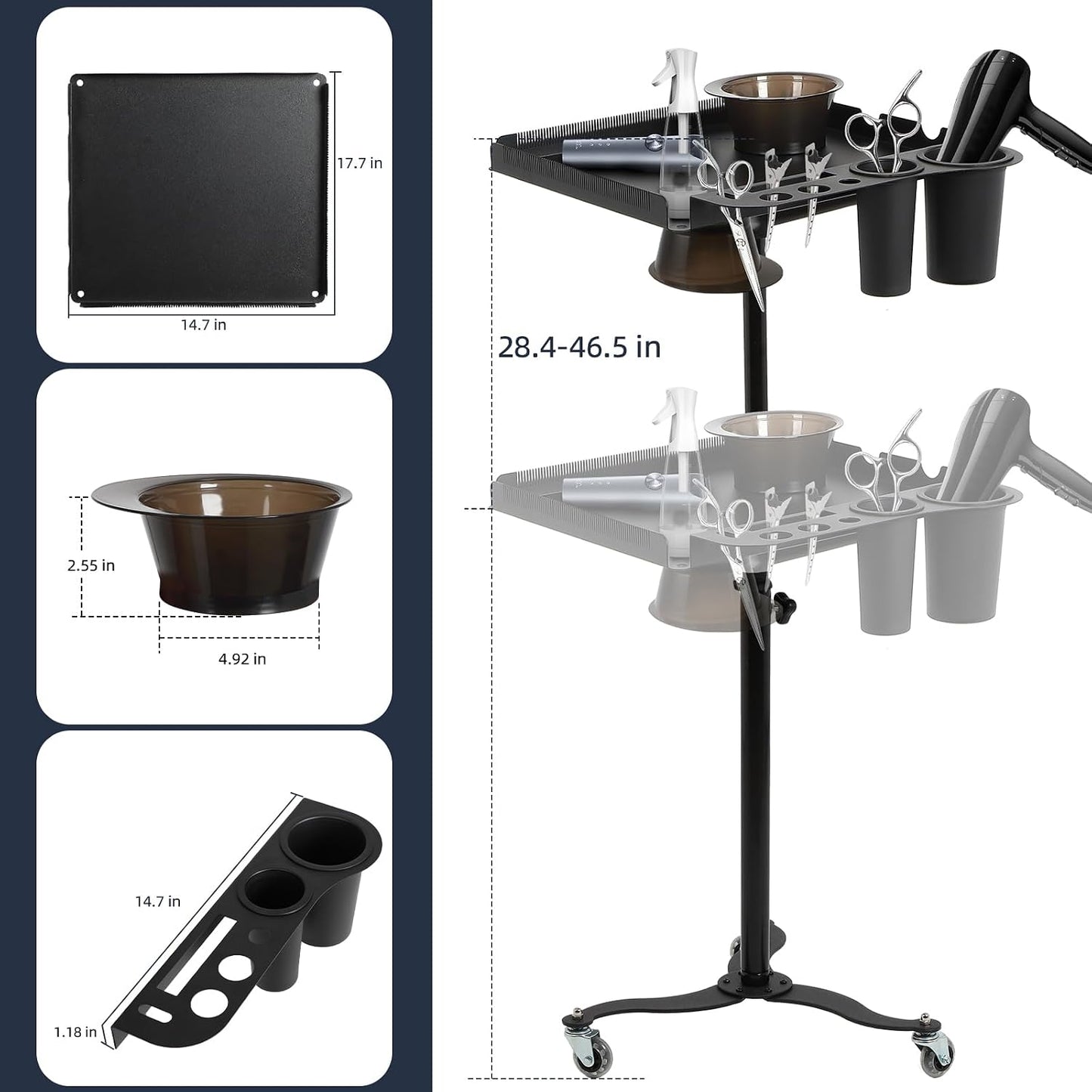 Salon Tray Cart - Height Adjustable Rolling Tray with 2 Magnetic Bowls | Hair Extension & Tattoo Tool Holder