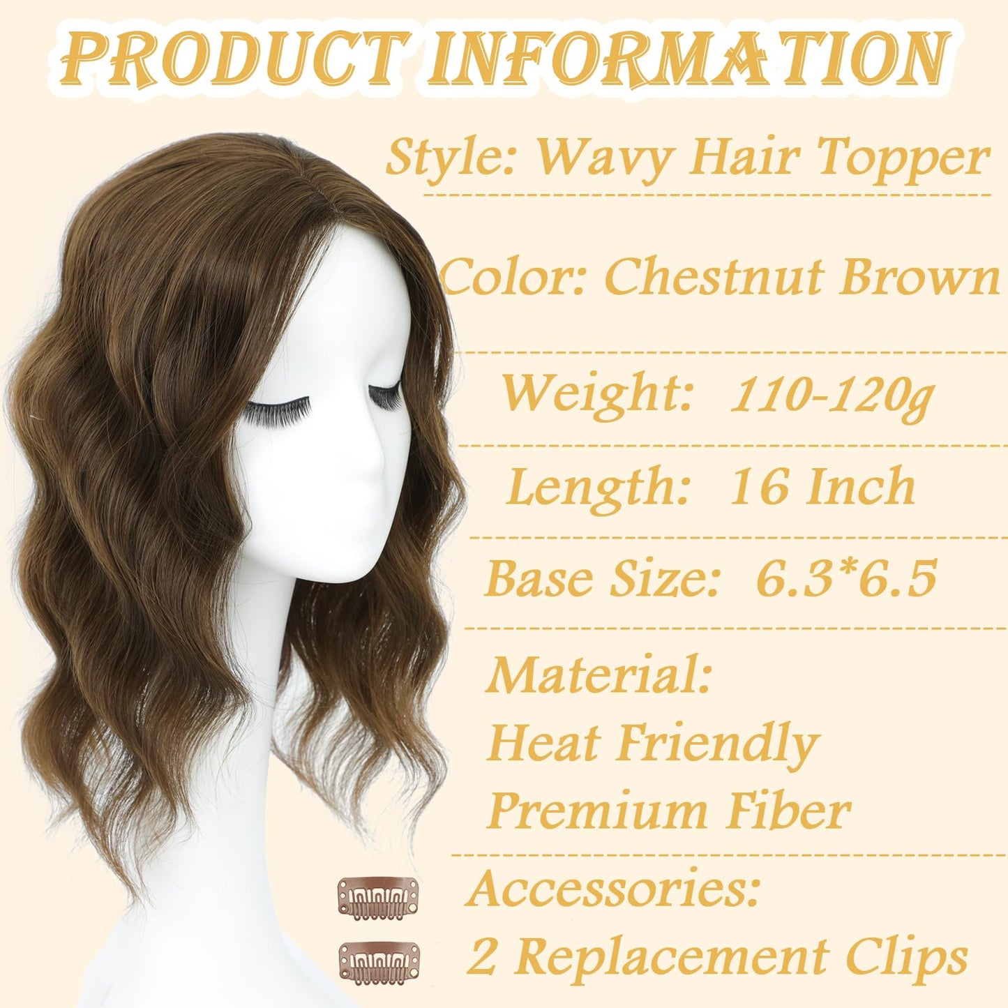 16 Inch Hair Topper for Women with Thinning Hair, Synthetic Curly Wavy Clip-In Topper with Curtain Bangs Natural Looking Crown Coverage Lightweight Hair Piece for Volume(Chestnu Brown)