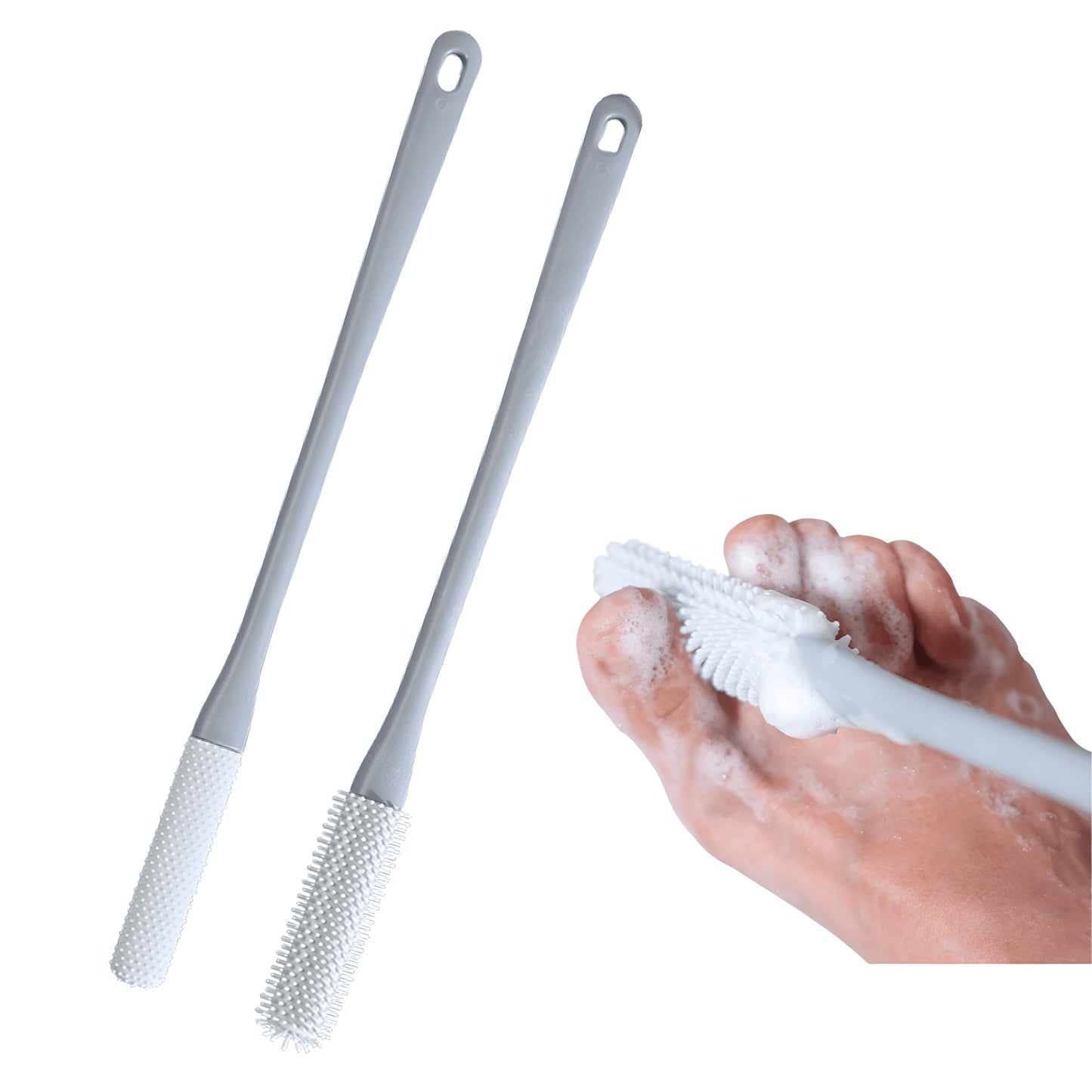 Nurlypop Toe Cleaning Brush with 15.7" Long Handle,Foot Scrubber in Shower,No Bending, Ideal for Seniors, Expecting Mothers, Men & Women | Foot Scrubber & Anti-Itch Exfoliating Brush (2 Pack) (Grey)