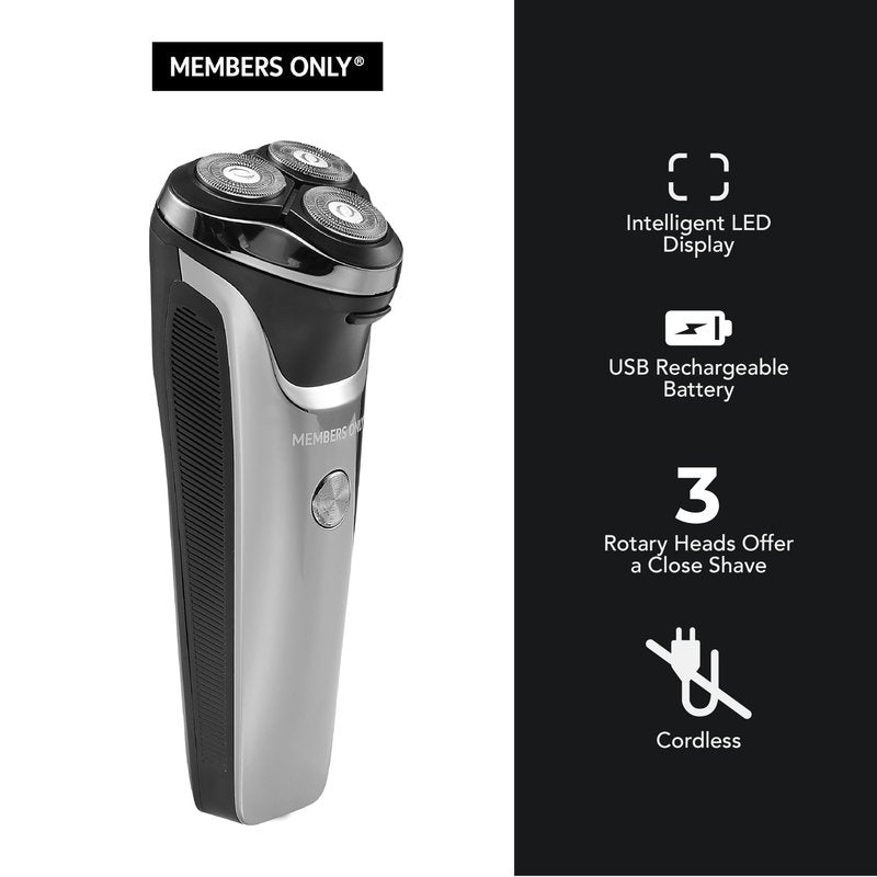 Members Only Electric Razor for Men, Lithium Metallic Cordless 3 Heads Rotary Shaver, Precision Trimming, Close Shave with Built-in Pop-up Trimmer, IPX6 Waterproof, USB Rechargeable Battery