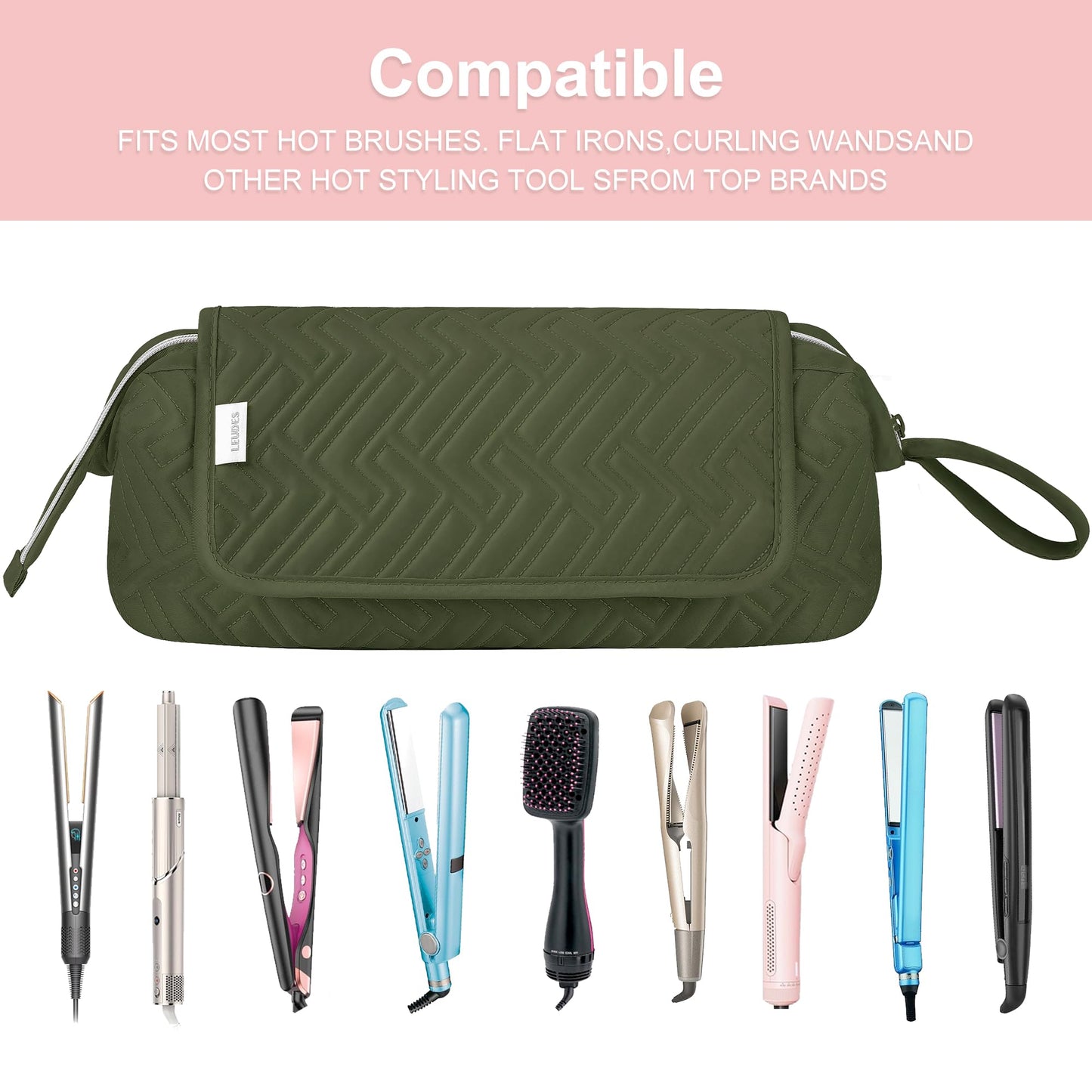 Leudes Hair Tools Travel Bag for Women Heat Resistant Mat for Travel Essentials Hot Tools Straighteners,Flat Irons,Curling Iron,Hot Air Brushes and Hair Dryer Organizer Bags 2 in 1 (Army GreenA)