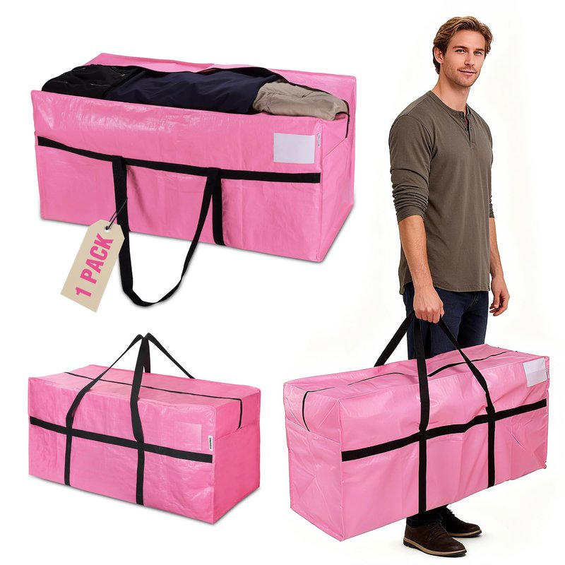 WORKPRO 1-Pack 66 Gallon Extra Large Moving Bags with Zippers & Carry Handles, Heavy-Duty Storage Totes, 45" x 16" x 22", Holds Up to 110 lbs, for Moving, Dorm Move-In & Storage Organization, Pink