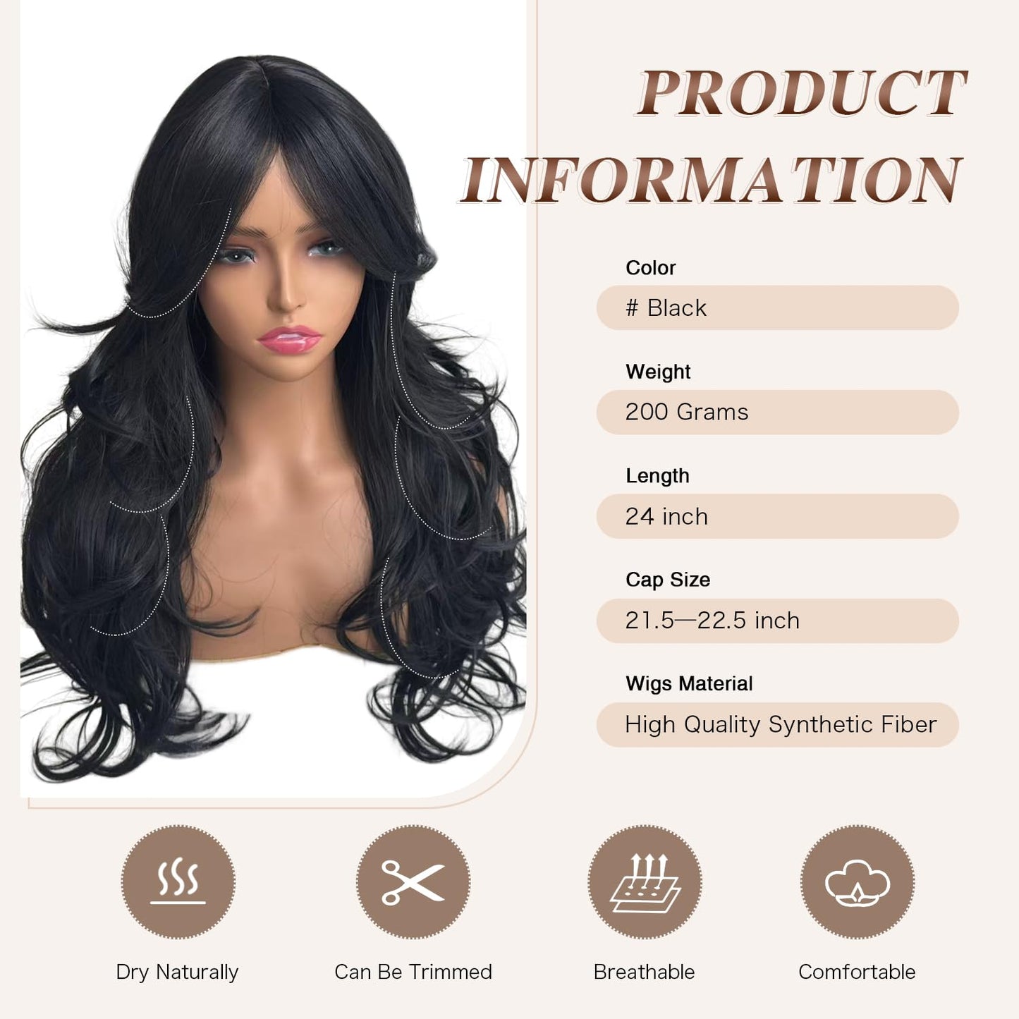 Long Black Wavy Wig for Women - Layered Synthetic Hair with Curtain Bangs | 24-Inch Natural Look