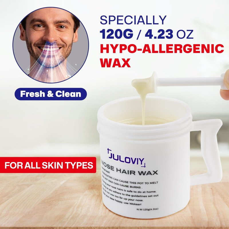 Nose & Ear Waxing Kit - Hypoallergenic Wax + 30 Applicators | Painless Hair Removal for Men & Women | Includes 15 Soothing Balm Wipes & Mustache Guards | Long-Lasting Results (6 Weeks) (120g)