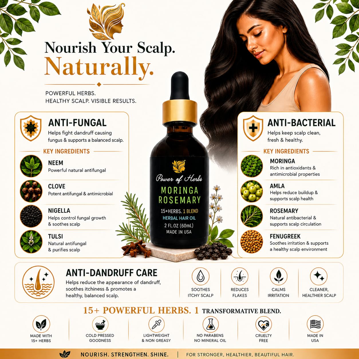 Moringa Rosemary Hair Oil with Amla, Bhringaraj, Pumpkin seed, Almond, Neem, Fenugreek, Infused with Biotin & Vitamin E, Reduces Hair Fall & Thinning, Supports Growth & Scalp Nourishment, Made in USA