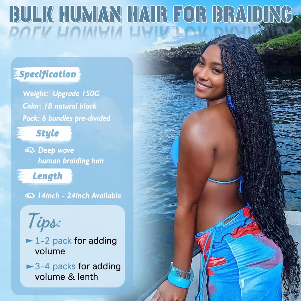 Boho Braiding Hair - 150g 20-Inch Curly Deep Wave Human Hair Bundles | 6-Pack Natural Color