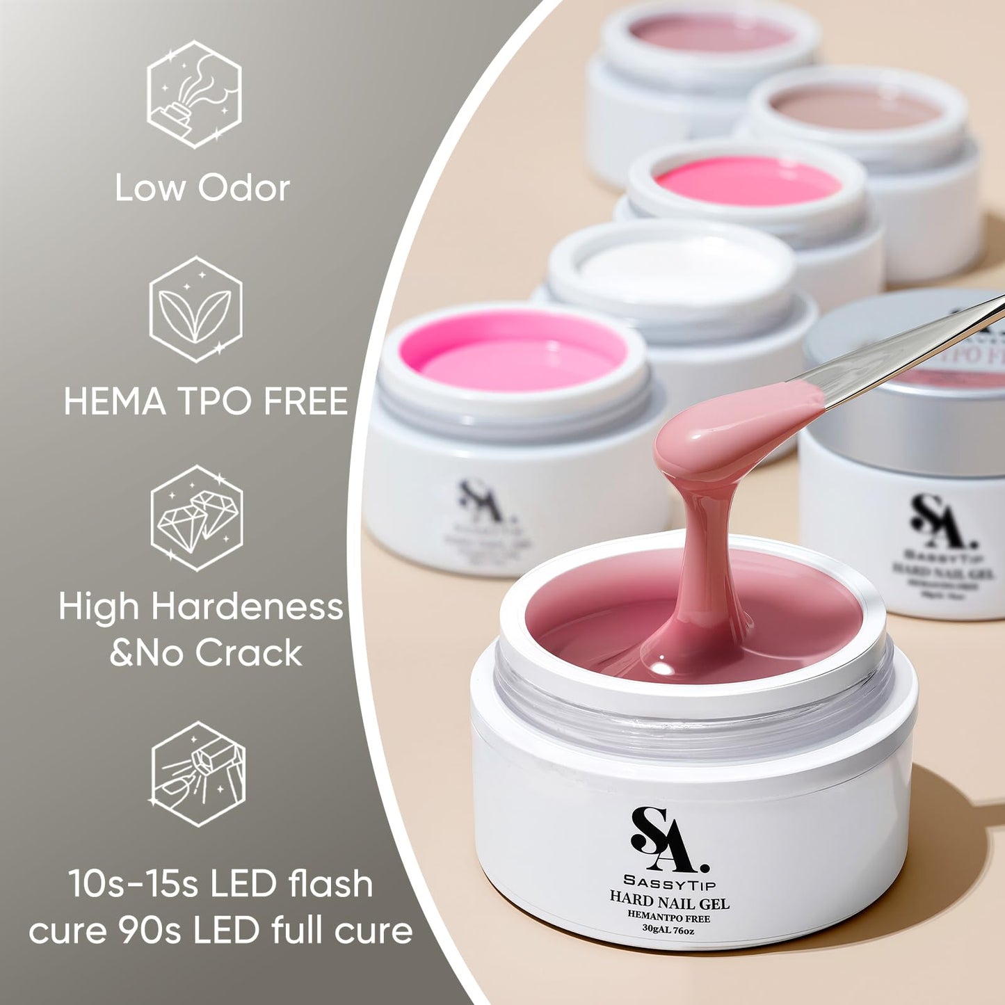SASSYTIP HEMA TPO Free Builder Hard Gel, 30g Salon Strength, 7 Shade Colors - Safe Allergy-Friendly Nail Gel for DIY at Home & Professional Nail Extensions, Sculpting, Apex Building (Bright Pink)