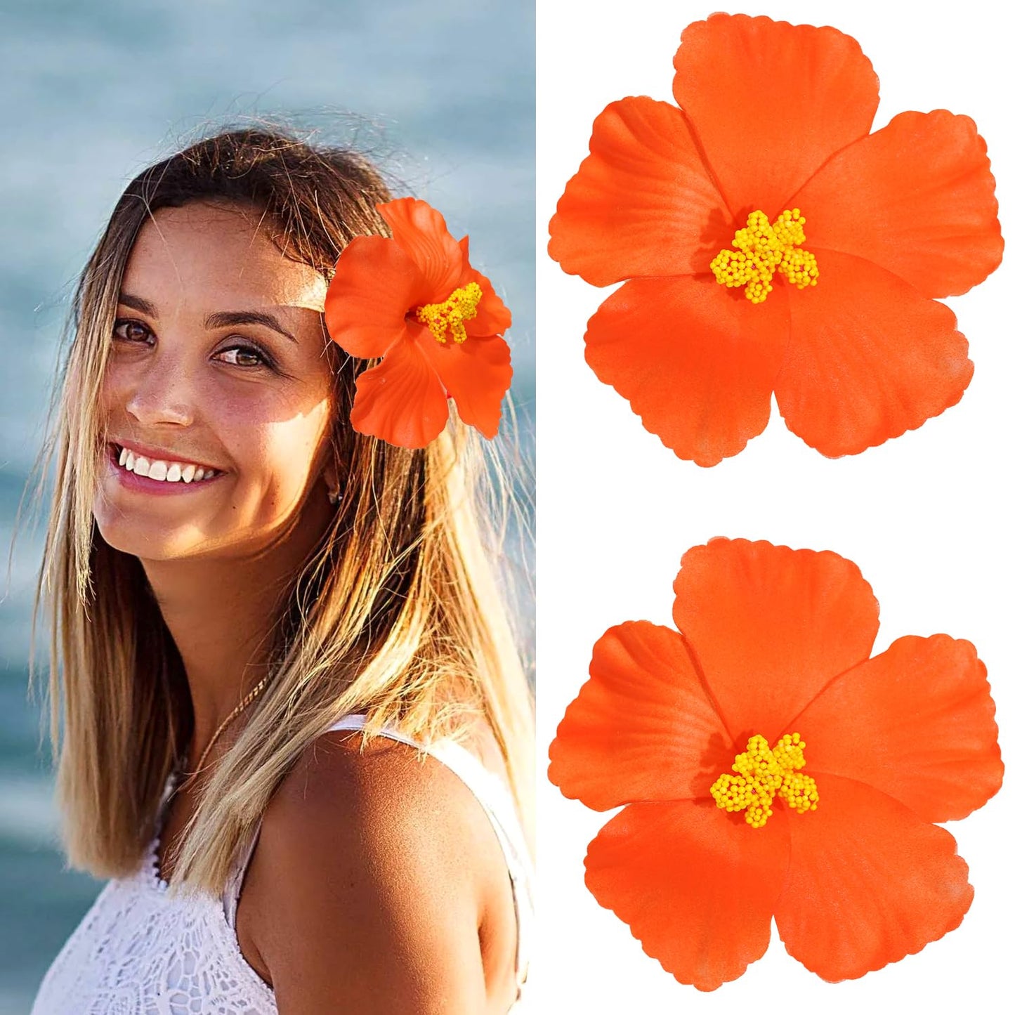 Hawaiian Flowers Hair Clips - 2 PCS Hibiscus Floral Accessories for Beach Parties | Orange