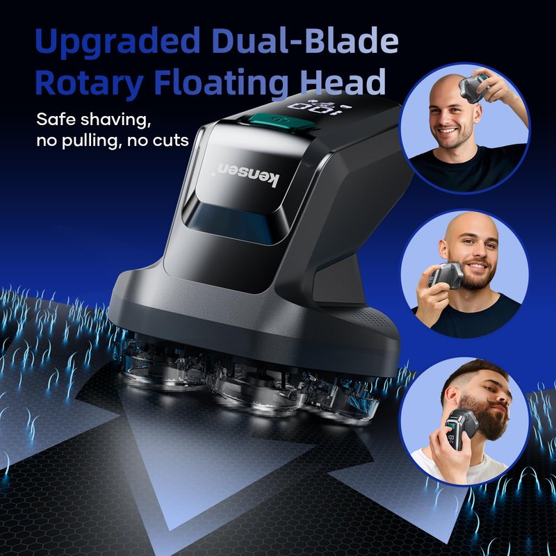 7D Head Shavers for Bald Men - kensen Upgrade 7D Head Shavers, Ergonomic Comfort-Grip Handle with 2 Speed Settings Long Battery Life Bald Razor IPX6 Waterproof Wet/Dry Shaving LED Display