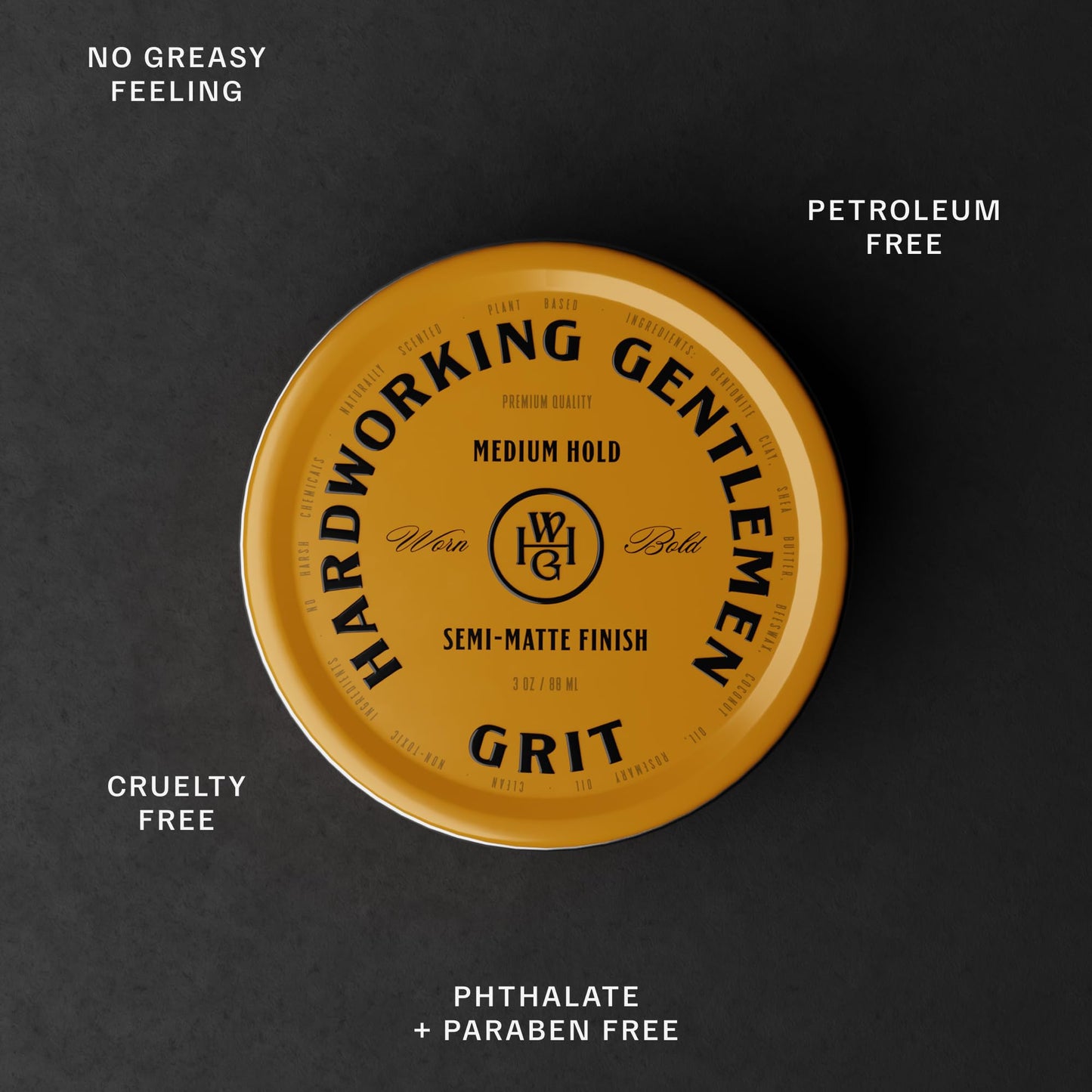Hardworking Gentlemen Medium Hold GRIT Hair Styling For Men, Semi-Matte Finish, Holds All Day, Satural Texture & Reworkable Style, 3 oz - Made in the USA