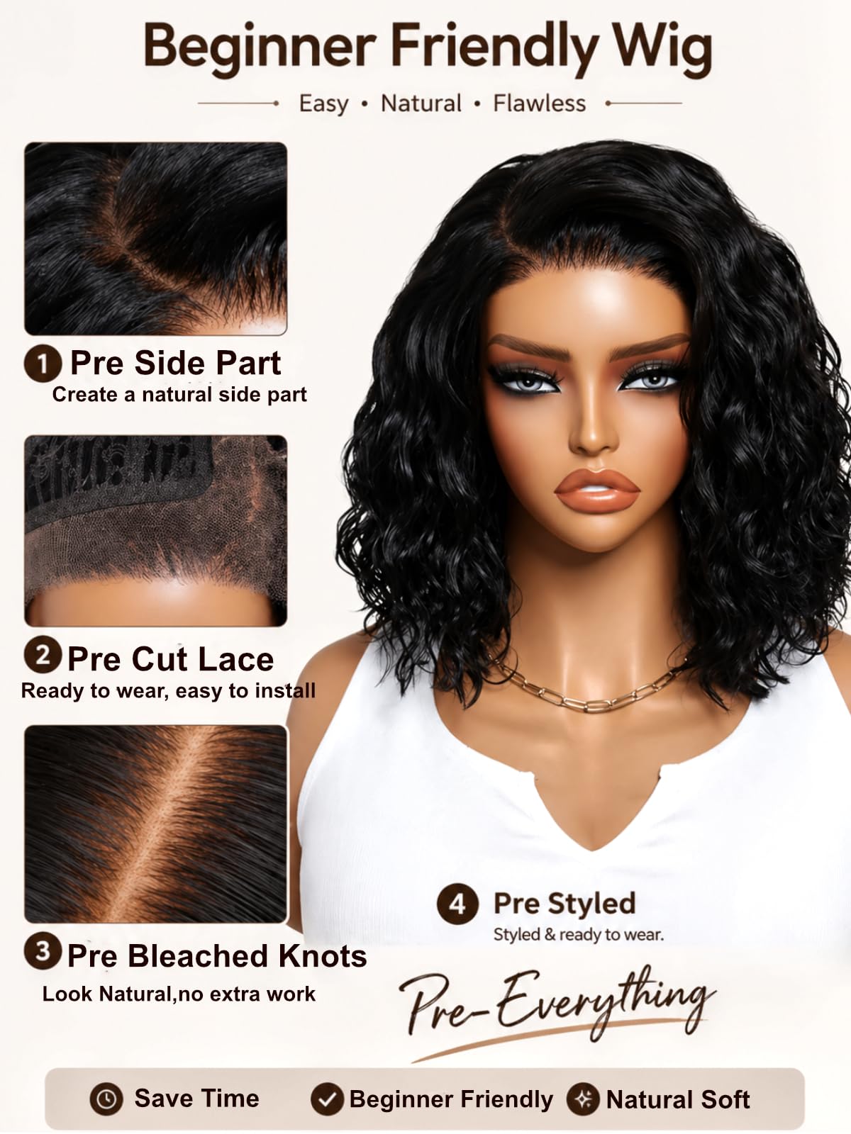 UNICE Side Part Water Wave Bob Wig Human Hair 220% Density with Drawstring, 6x4 Glueless Lace Wig Pre Plucked Pre Cut, Ready to Wear Short Curly Wig Bleached Knots, Beginner Friendly, 10 Inch