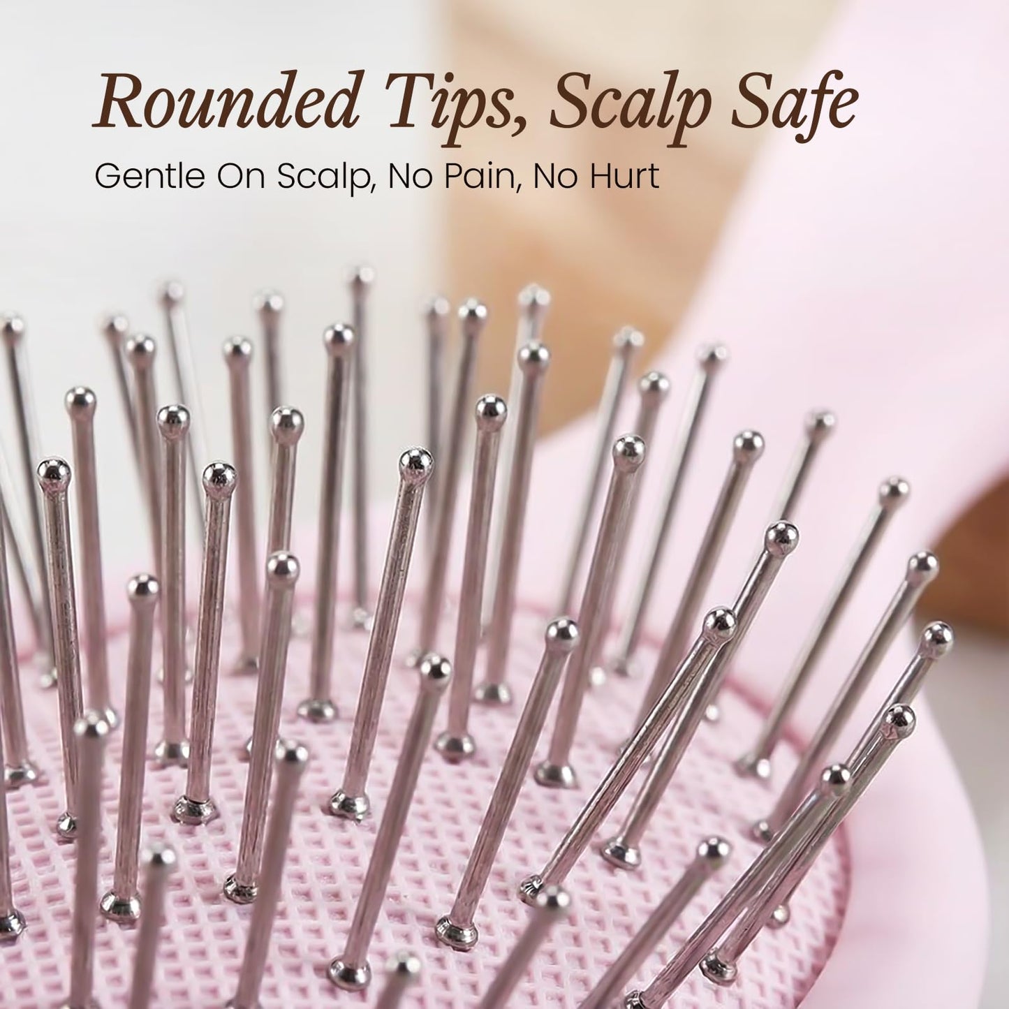 Yulume Air Cushion Paddle Brush, Round-Tip Steel Pins for Scalp Massage, Pain-Free Detangling for Wet & Dry, Curly & Thick Hair, Anti-Static, Bonus Tail Comb & Clip, Pink
