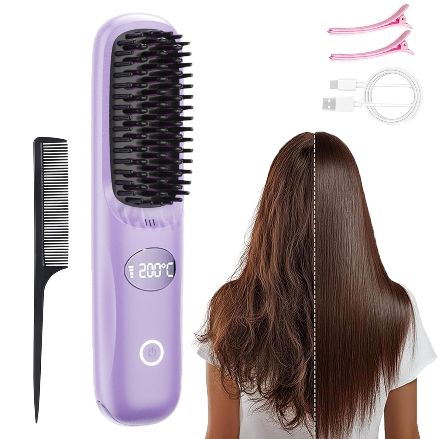 Cordless Hair Straightener Brush, Go Brush Pro, Portable Mini Straightening Brush for Women with 3 Temperature Settings LED Display, Fast Heating Hair Straightener Comb for Travel Smooth Frizz Hair