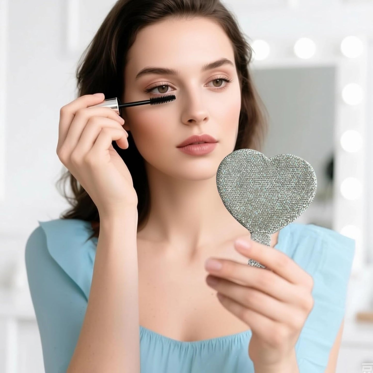 Heart Shaped Handheld Mirror - Sparkling Rhinestone Cosmetic Mirror for Women | Portable Travel Size 6.3 x 4.3 in / 16 x 11 cm - White