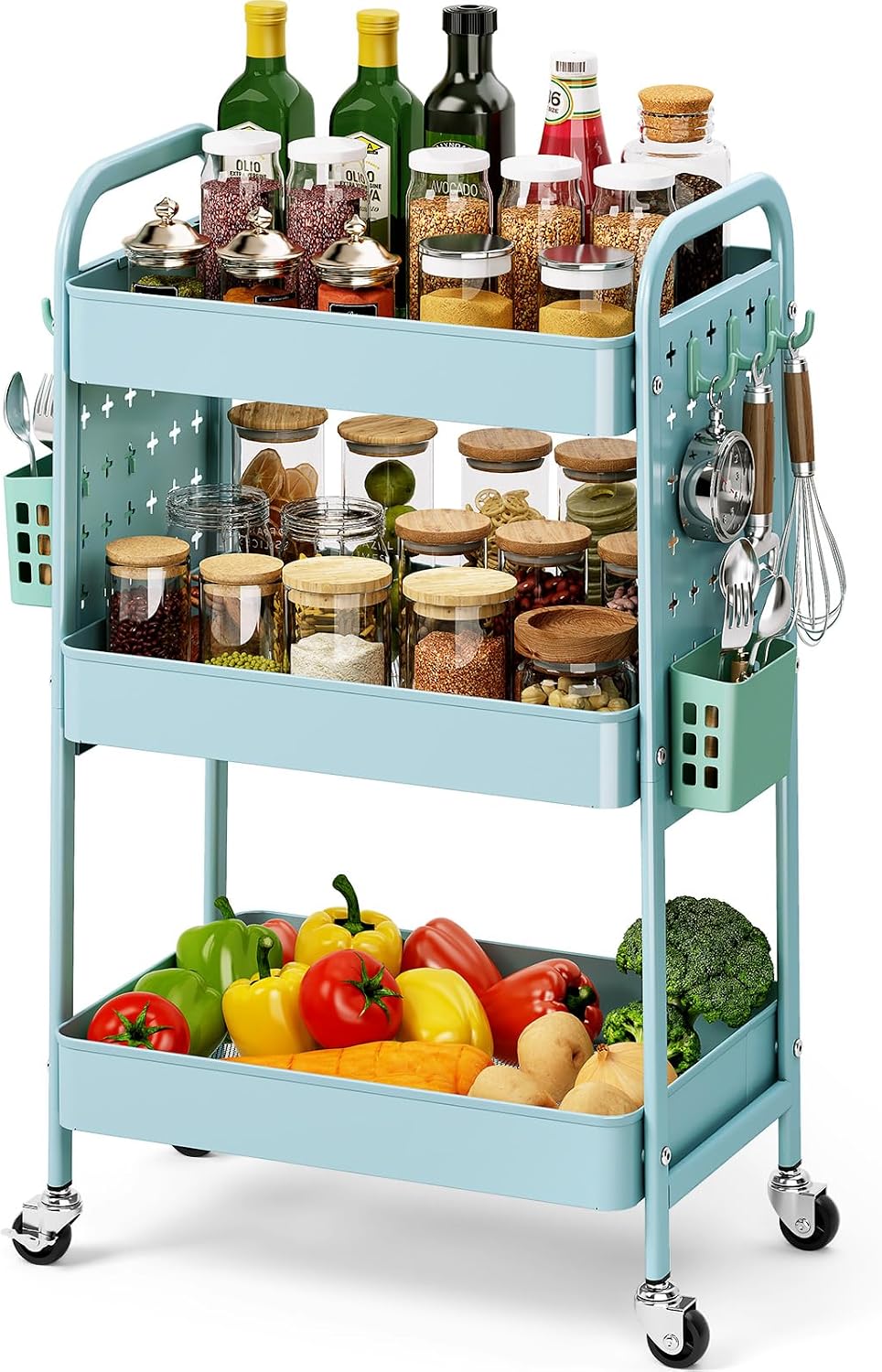 3 Tier Rolling Cart with DIY Pegboard - Metal Utility Cart with Wheels, Hooks & Baskets | Sturdy Storage Organizer for Craft, Bathroom, Kitchen, Office, Nursery, Classroom (Pink)