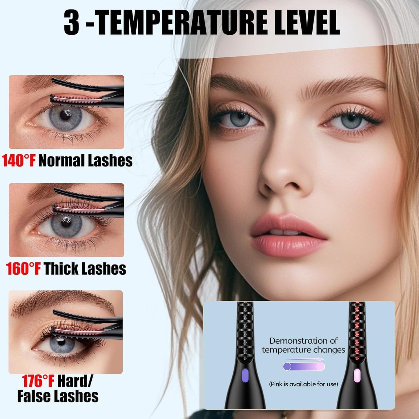 Heated Eyelash Curler - USB Rechargeable 2-in-1 Design | 3 Temperature Modes, 24H Long-Lasting Curl, Black