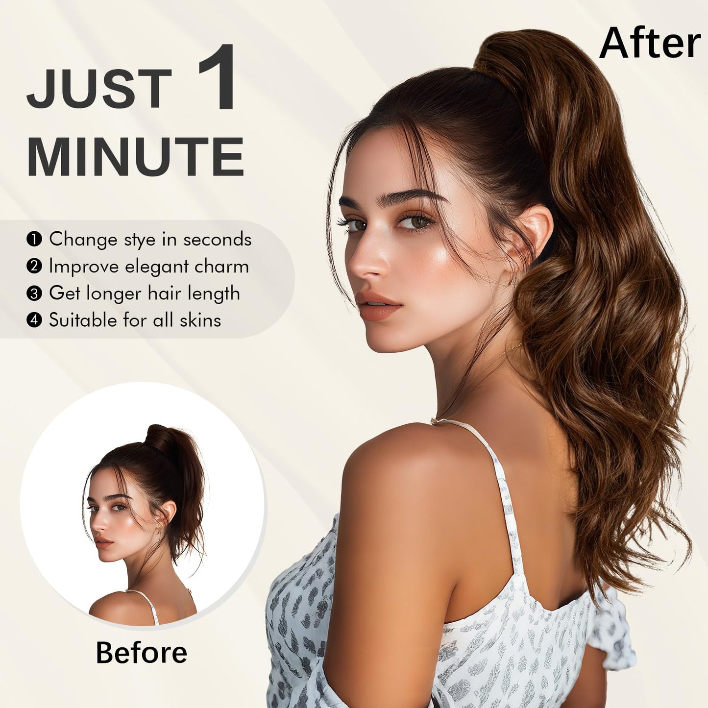 Sofeiyan Claw Clip Ponytail Extension 16 inch Curly Wavy Clip in Hairpiece Synthetic Fake Pony Tail Clip on Hair Extensions for Women Fluffy Hair Extensions for Daily Use - Medium Brown & Light Auburn