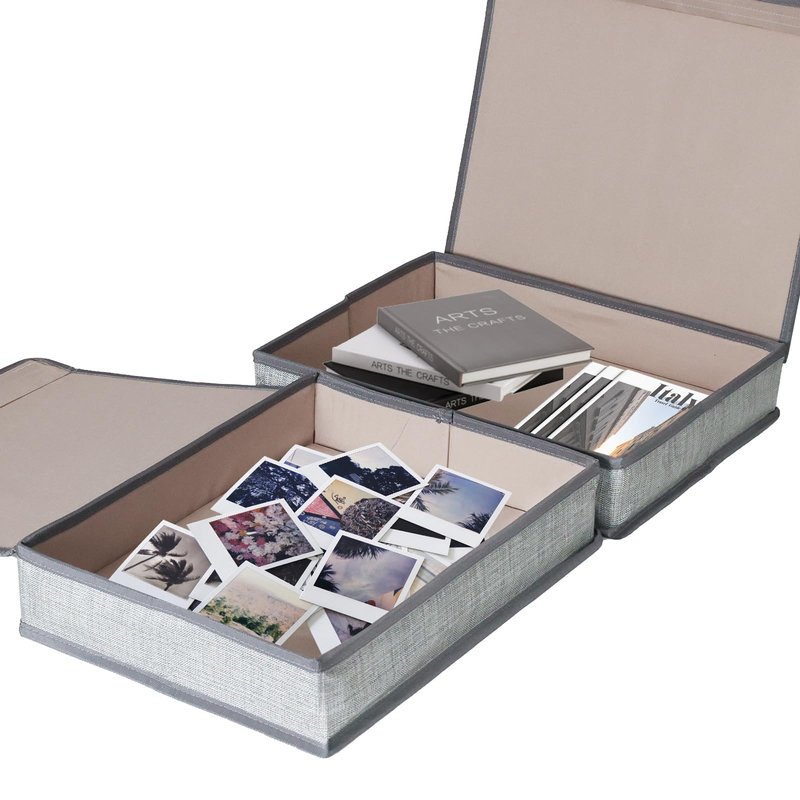 ORGMASTER Photo Storage Boxes with Lids, Memory Box for Keepsakes, Picture Organizer Versatile Linen Containers Basket Collapsible Bin for Organizing Home Office, 2 Pack, 14x10.8x2.5 Inch, Gray