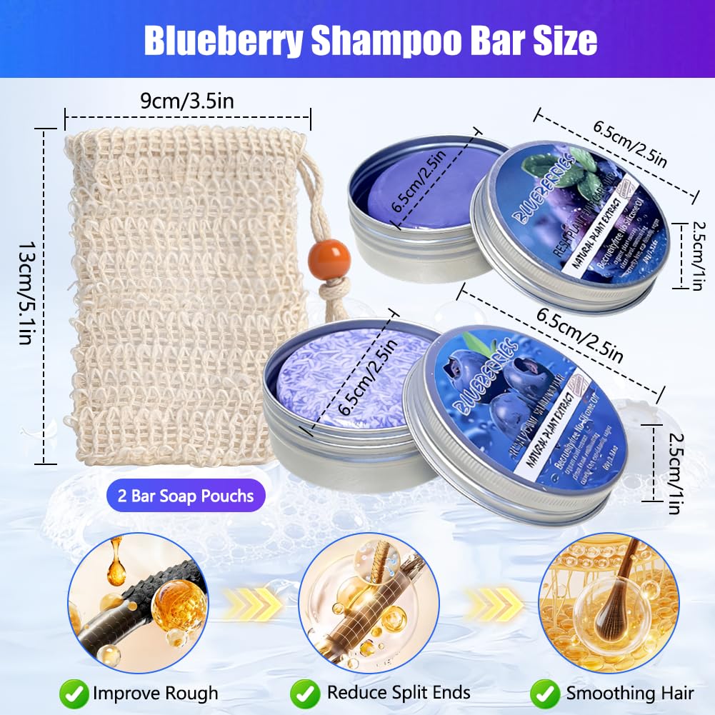Jaxbo Upgraded 2PCS Blueberry Shampoo Bars and Conditioner Set, Natural Blueberry Shampoo Bar with 2 Bar Soap Pouchs, Hair Growth Soap Bar, for Thinning or Dry Frizzy Hair, All Hair Types Men & Women