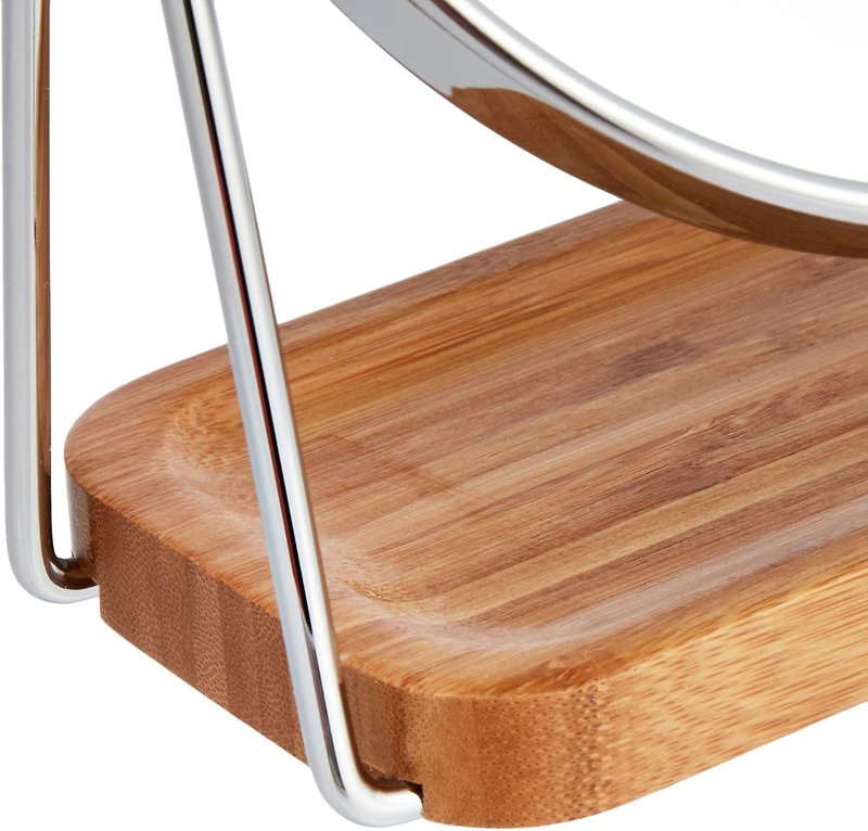Round Tabletop Vanity Mirror - 360° Rotation, Double-Sided 1x/5x Magnification | Chrome Finish with Bamboo Tray, 7.2”L x 3.35”W