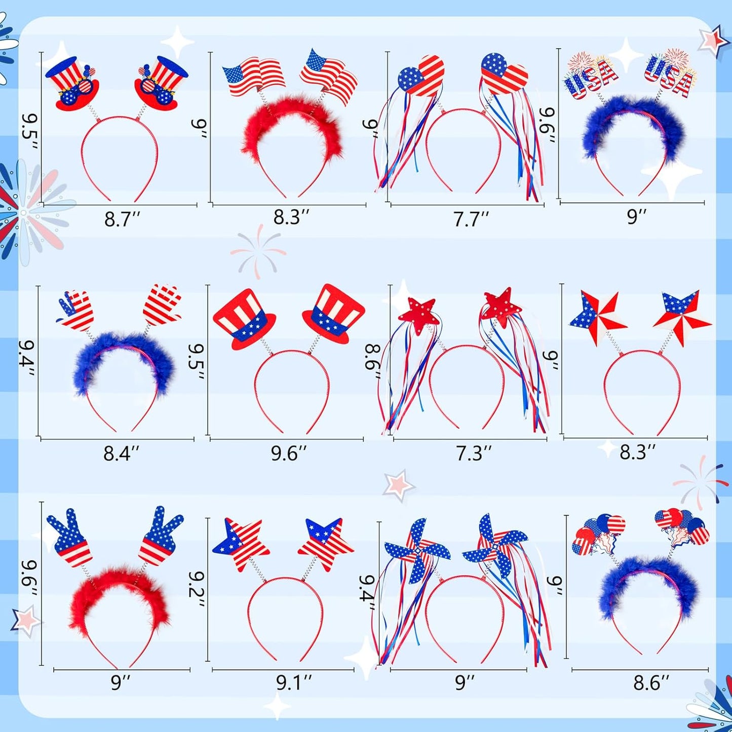 12PCS Patriotic Headbands for 4th of July | Red, White & Blue Party Accessories