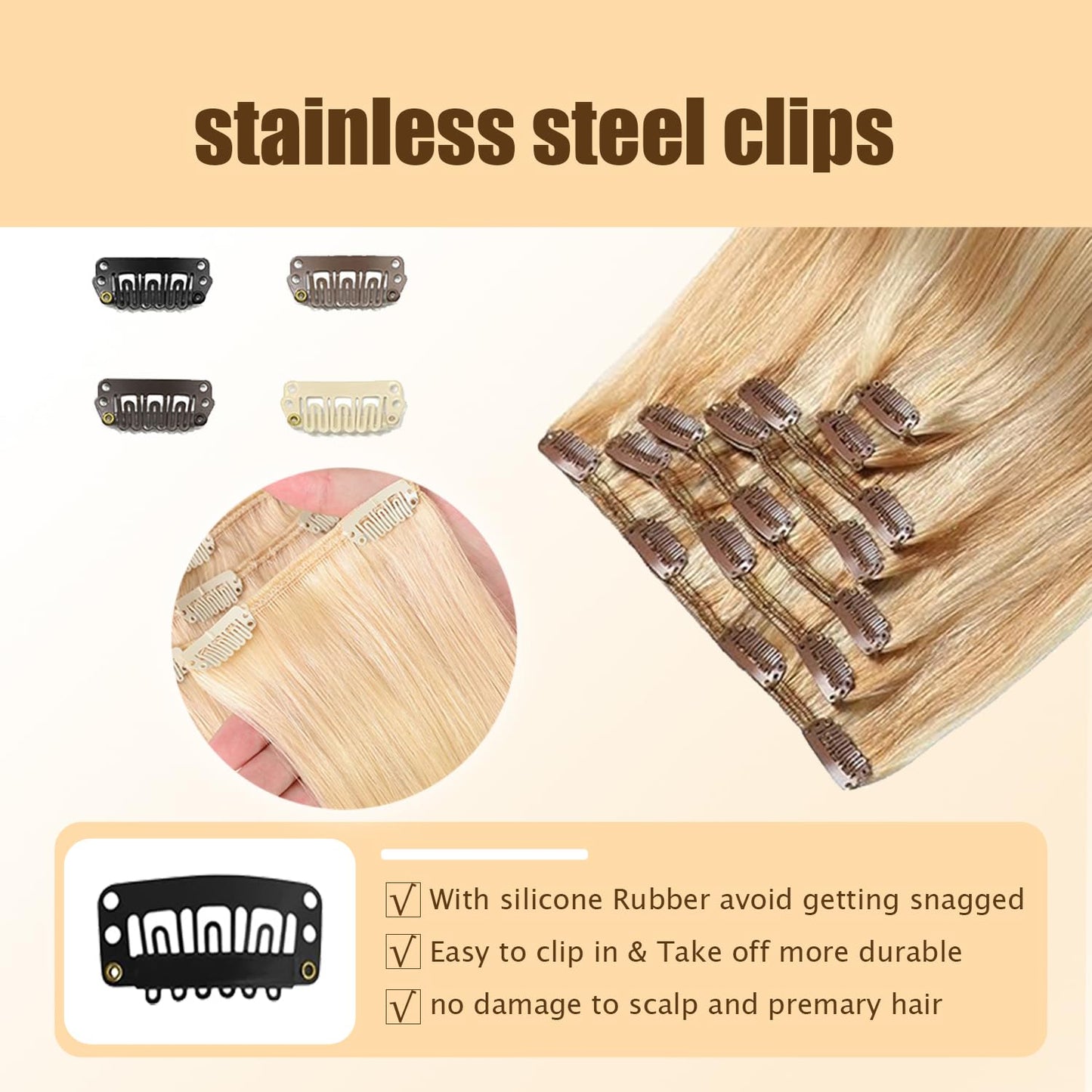 P27613 Blonde Clip in Hair Extensions Real Human Hair, 14 Inch 120g/7Pcs,Full Shine Remy Human Hair,Honey Blonde Straight Clip ins Brazilian Virgin Human Hair Extensions