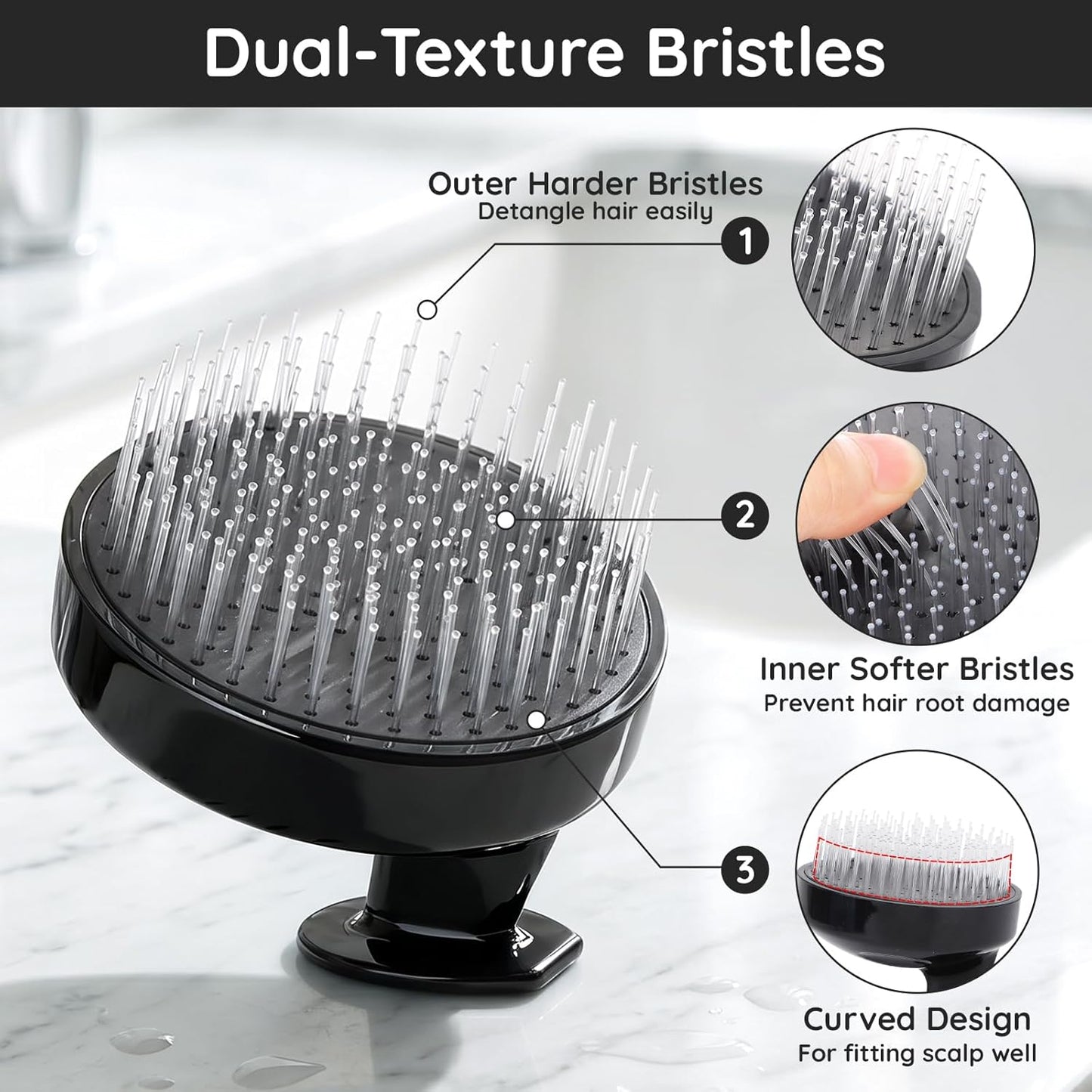 Scalp Massager Shampoo Brush - Dual-Layer Nylon Bristles for Hair Growth & Dandruff Removal | Black