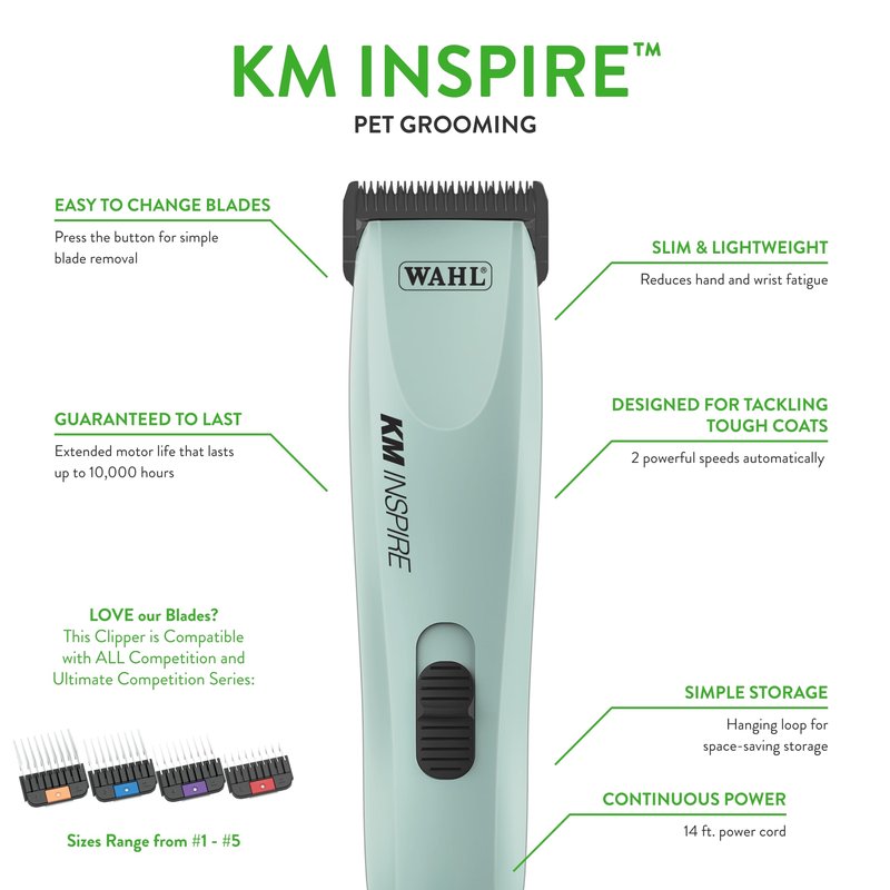 Wahl Pro Animal KM Inspire Grooming Clippers - Powerful Brushless Motor - Professional Grooming Kit - for Dog, Cat & Horse - Corded Dog Groomer - 4 Stainless Steel Guide Combs