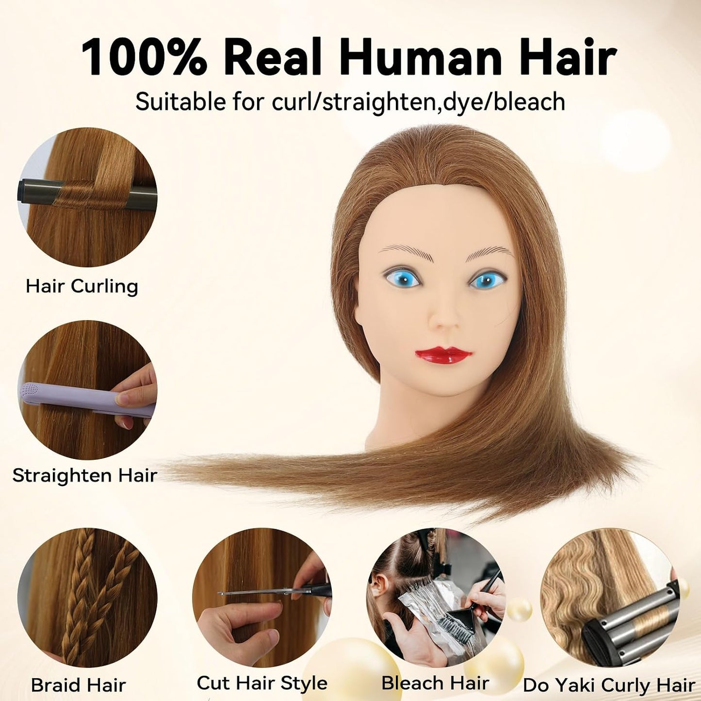 Real Hair Mannequin Head for Cosmetology - 100% Human Hair Styling & Braiding | #27 Light Brown