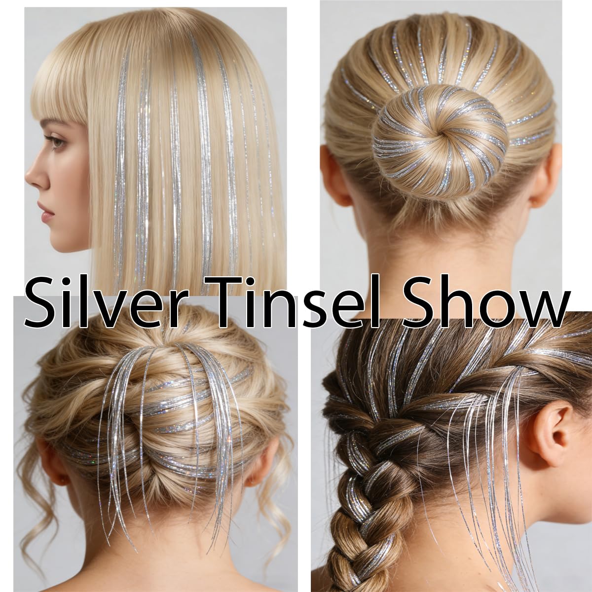 Celinebella Silver Clip in Hair Tinsel 6Pcs,24 Inch 80 Strands per PC,Heat Resistant Sparkle Hair Extensions Easy to Use for Women Teens Daily Party Prom Accessories Christmas New Year Festival Gift