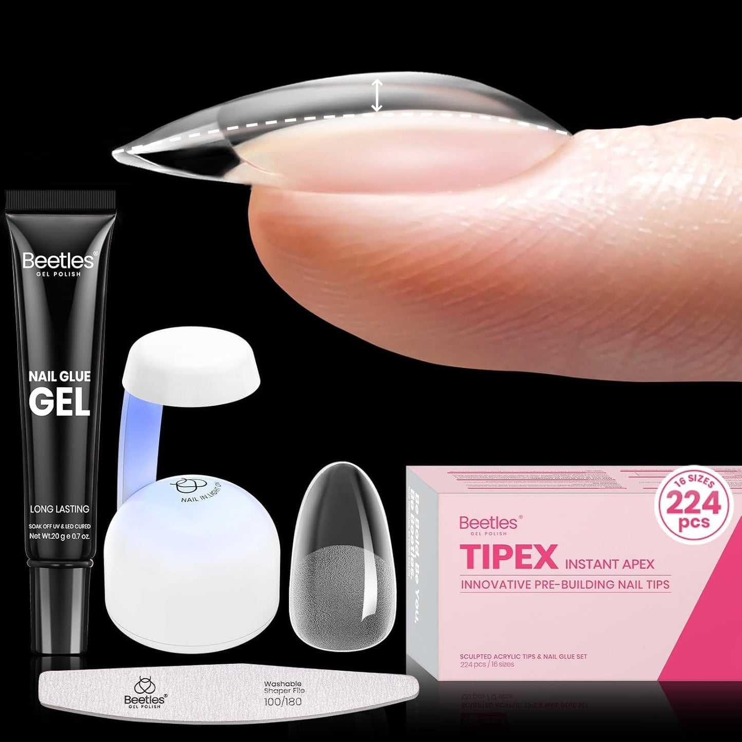 Beetles Tipex Gel Nail Kit - 224 Pcs Extra Short Square Nail Tips with Mini Lamp & Glue | 16 Sizes