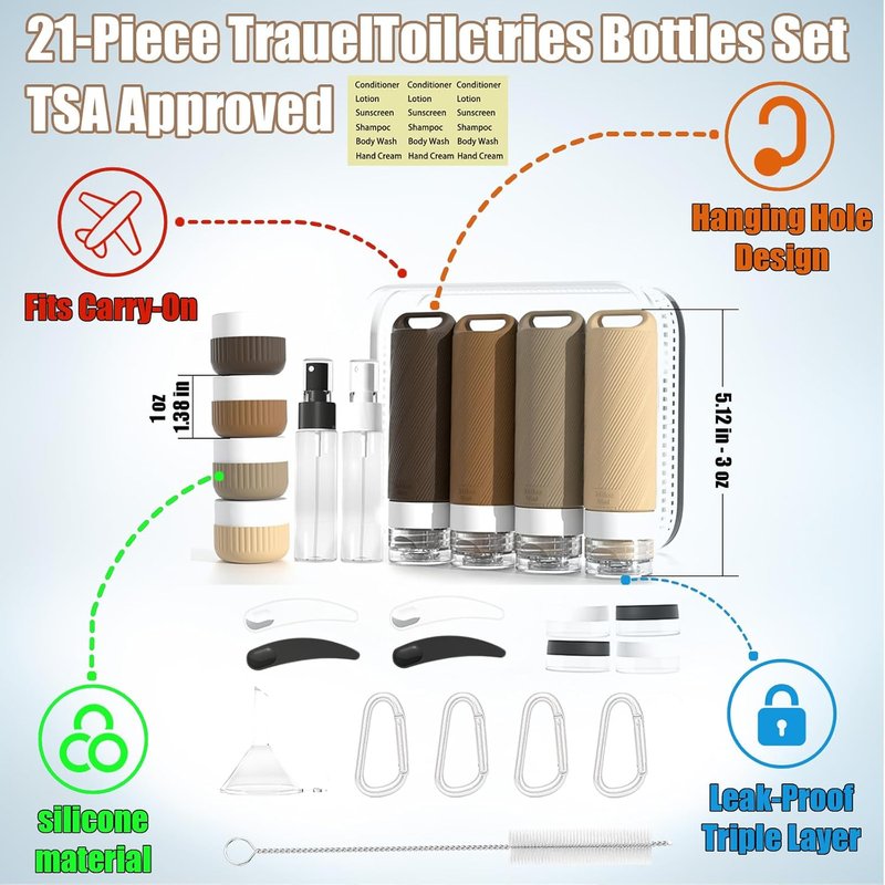 Travel Toiletry Bottles Set - 26 Pcs Leakproof Silicone Containers | TSA Approved, Refillable with Carabiner