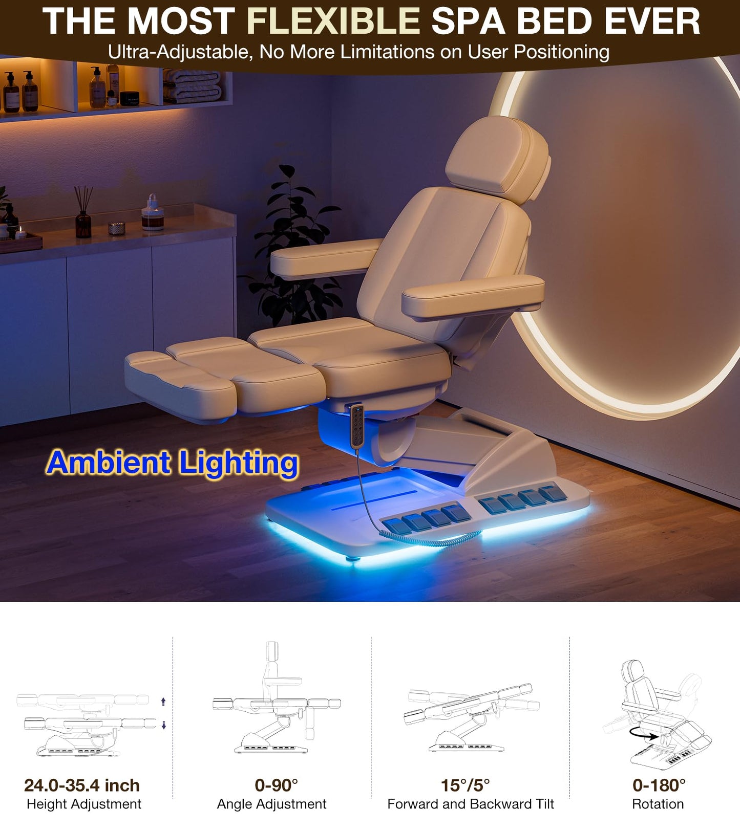 Icoget 4 Motor Electric Massage Table No Assembly, Thermal Heating Swivel & Tilt Esthetician Exam Medical Podiatry Treatment Bed for Dental Clinic，Aesthetic Facial Lash Tattoo Chair