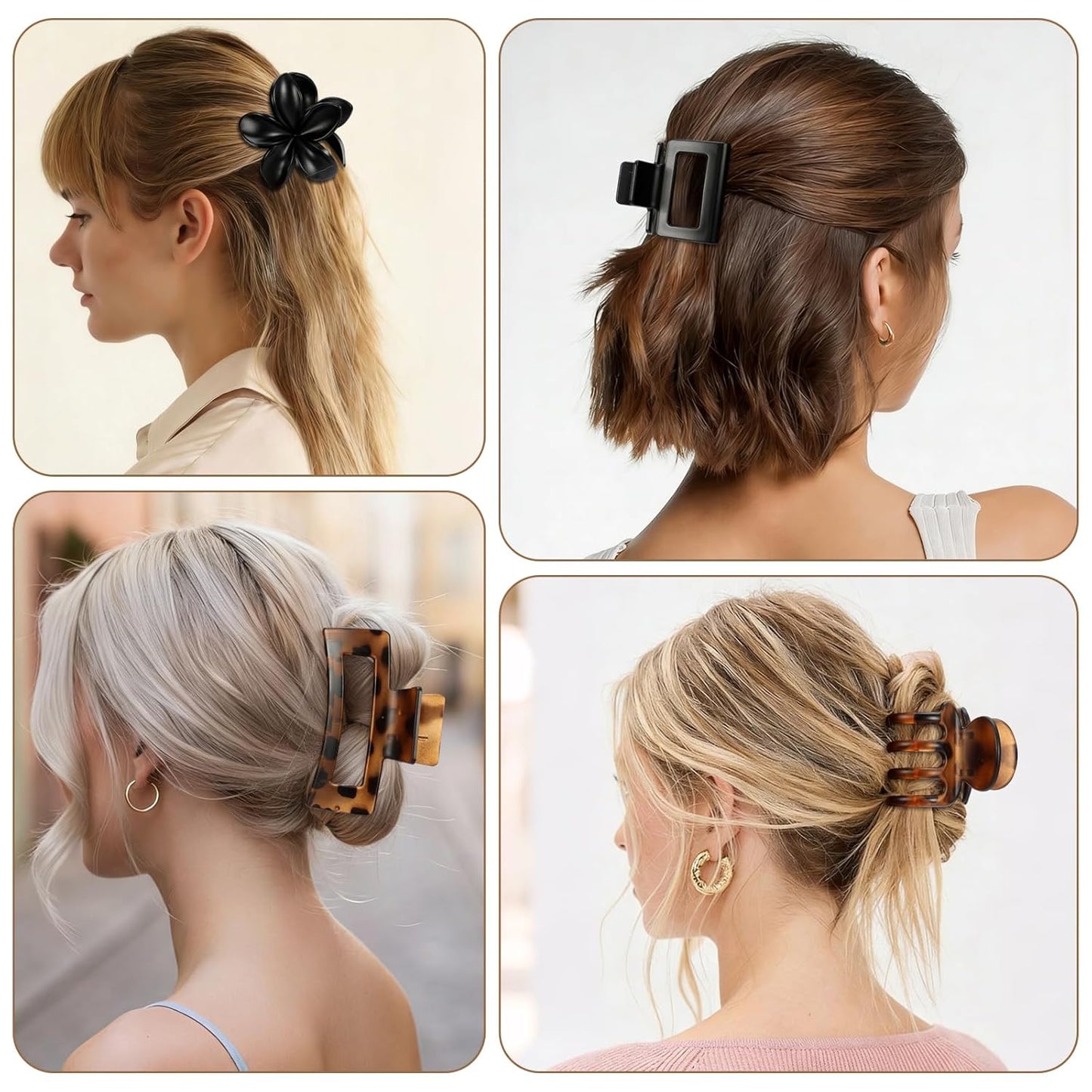 Matte Hair Clips for Women - 8 Pcs Strong Hold Non-Slip Claw Clips | Flower & Rectangle Styles in Deep Leopard