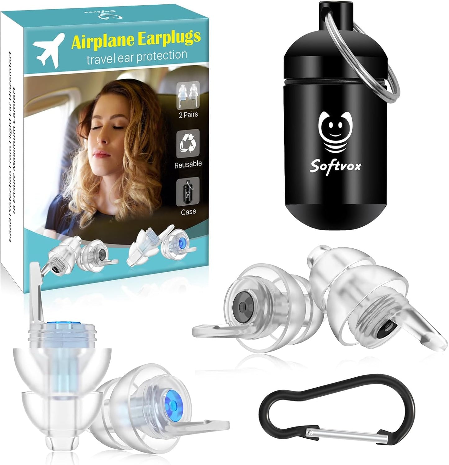 Airplane Ear Plugs - Pressure Relief Earplugs for Travel | Reusable Soft Earbuds, 25dB Noise Reduction, 2 Pairs