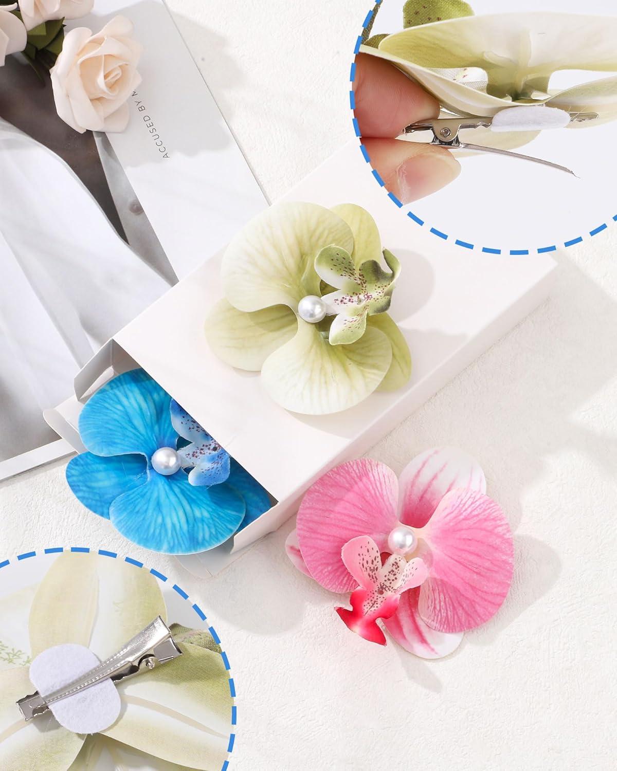 Hawaiian Flower Hair Clips - 3Pcs Butterfly Orchid Barrettes | Summer Beach Accessories (Green, Pink, Blue)