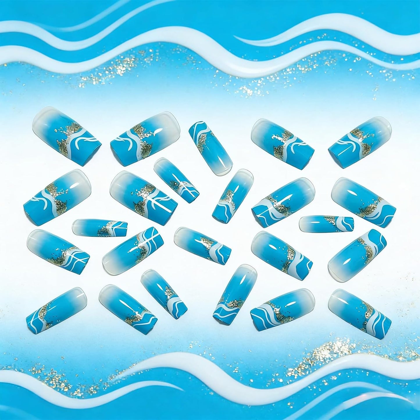 Medium Square Blue Wave Press-On Nails - Glossy Gradient Glitter Design | 24 Reusable Summer Nails for Women