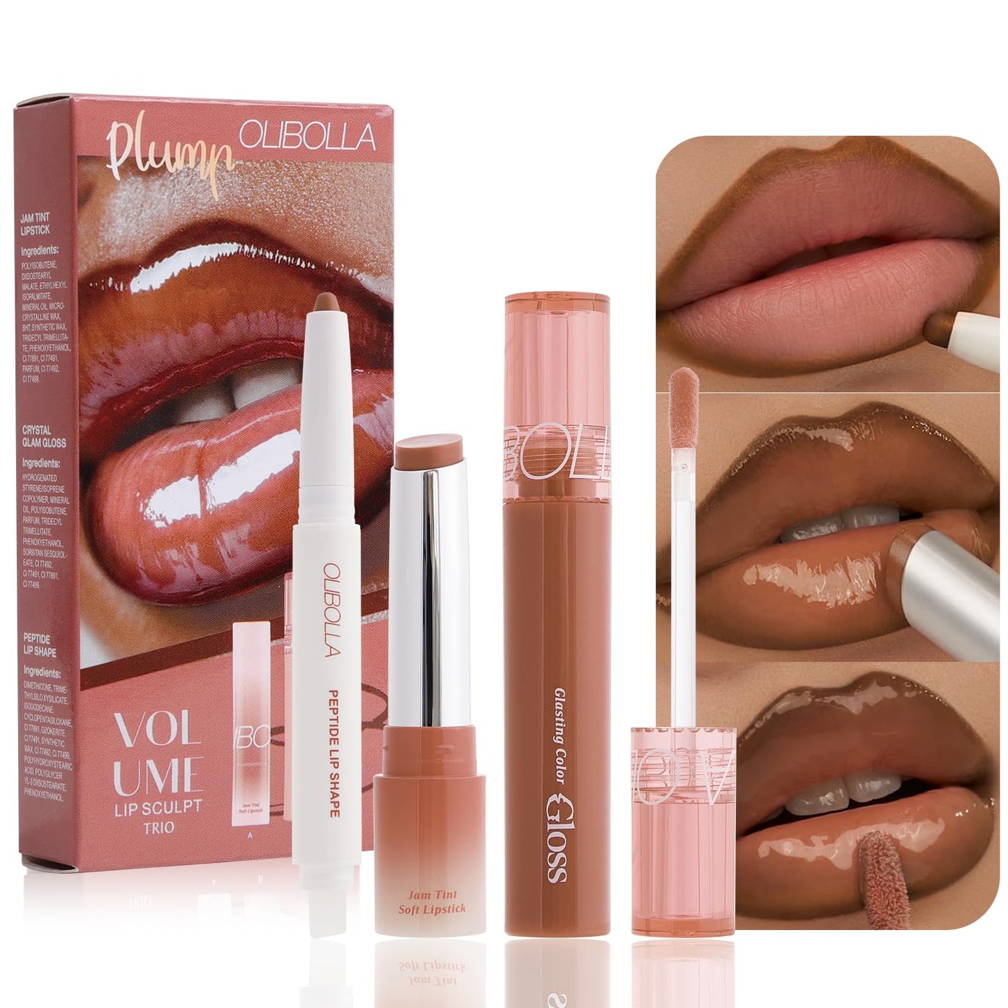 BANGFENG 3PCS Glossy Lip Combo Set – Shade with Plumping Gloss, Hydrating Melting Balm & Smooth Lip Liner for Fuller, Defined, High-Shine Juicy Lips, K-Beauty Viral Makeup Look (02# Mocha Nude)